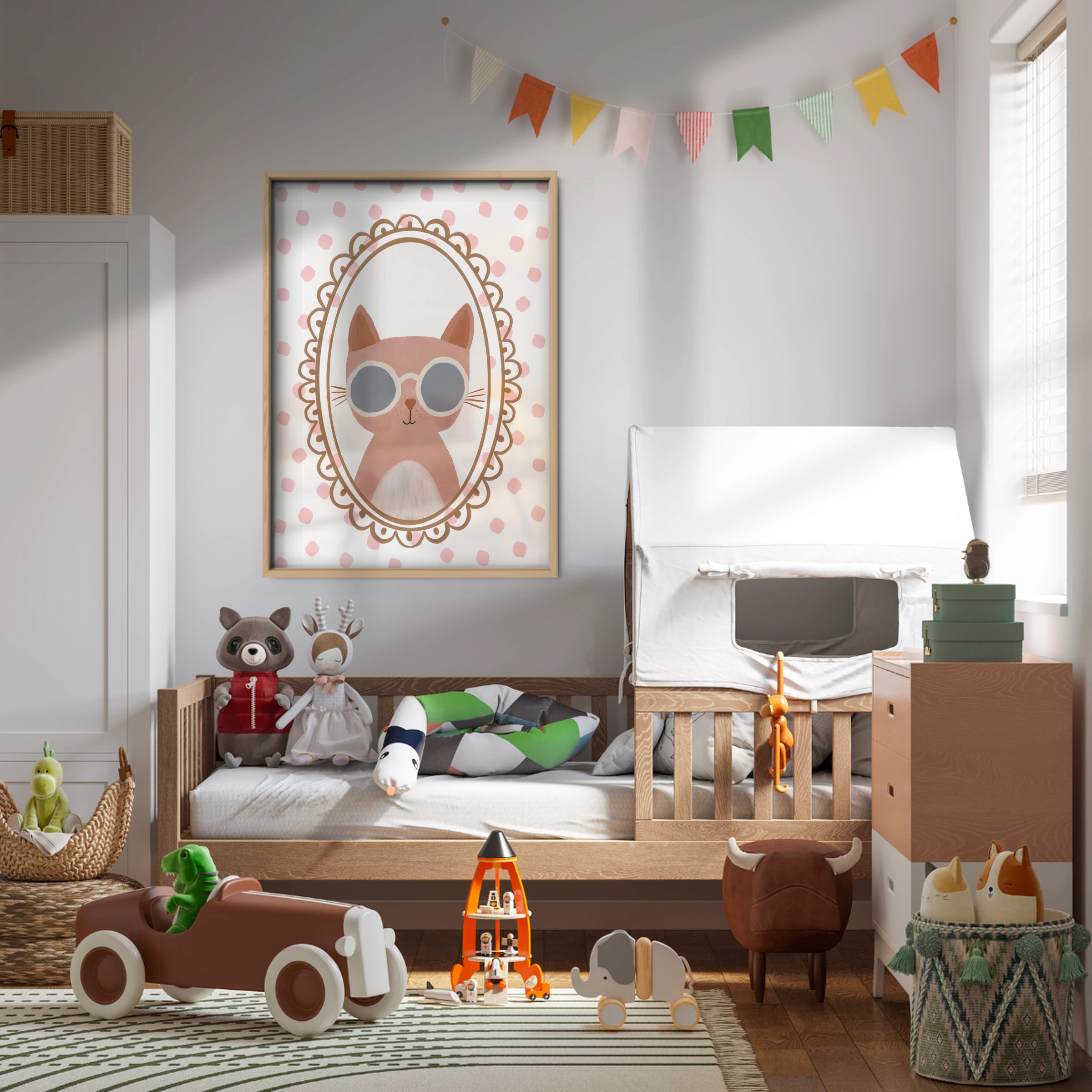 Pink Cat in Glasses Nursery Print