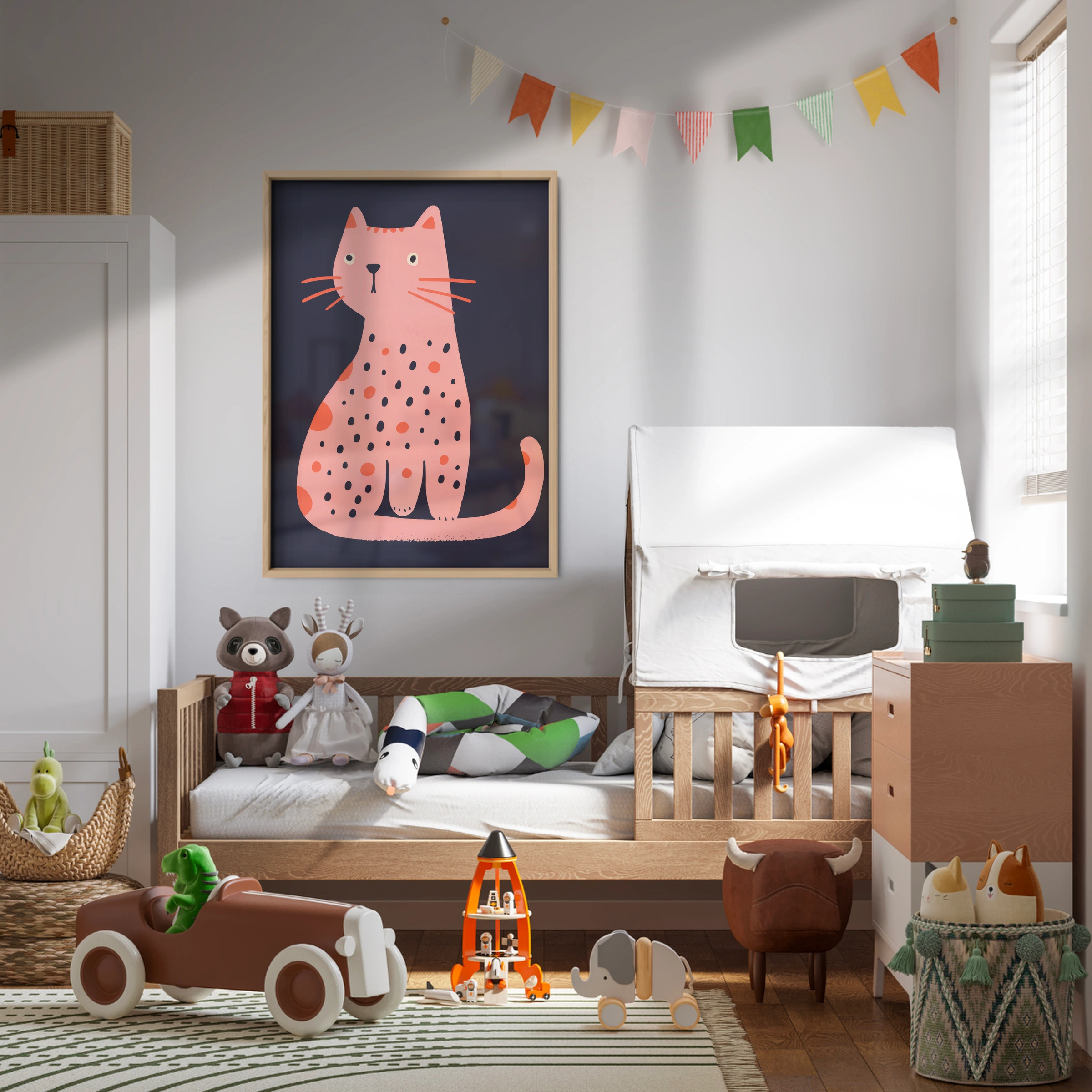 Pink Spotty Cat Nursery Print