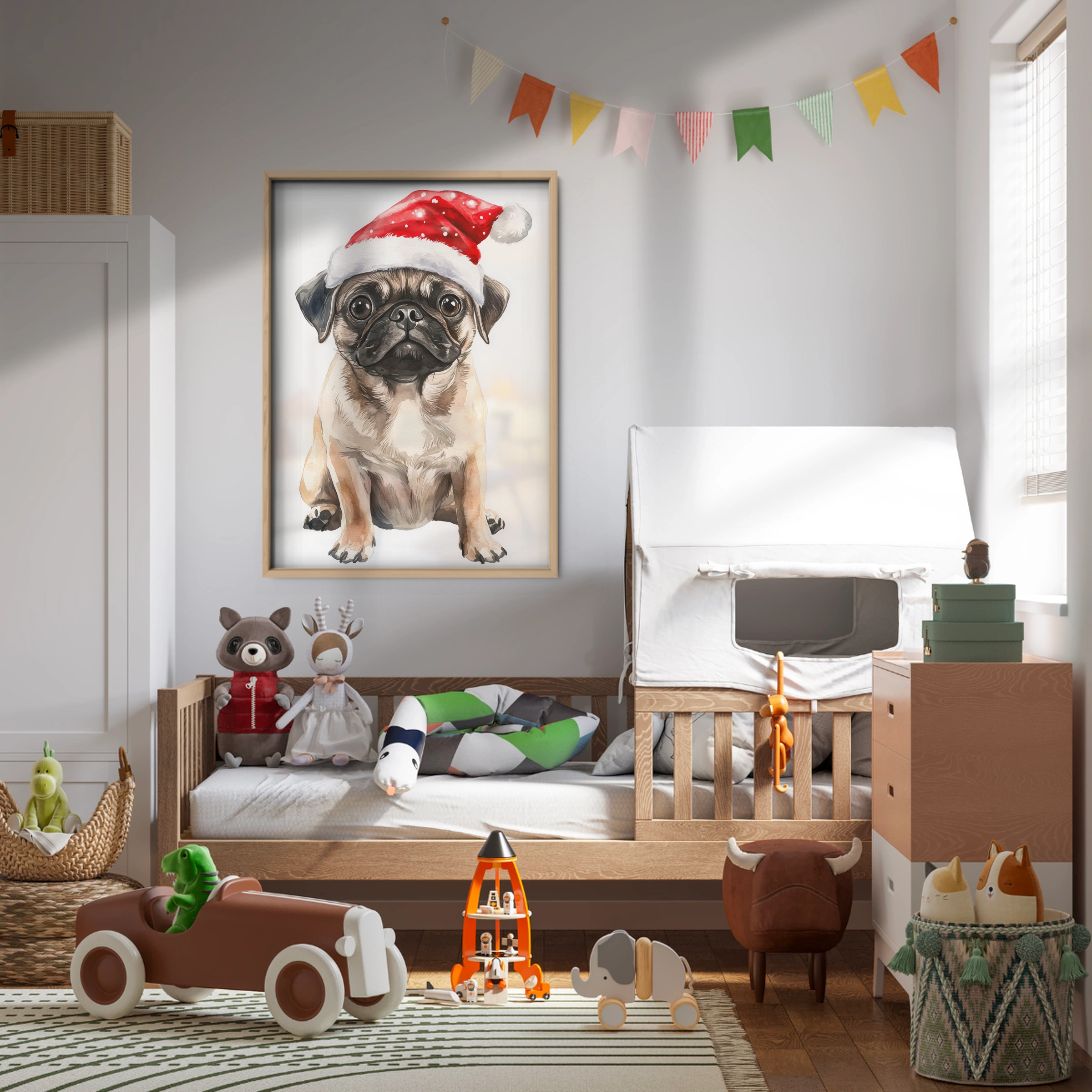 Pug in a Santa Hat Christmas Print