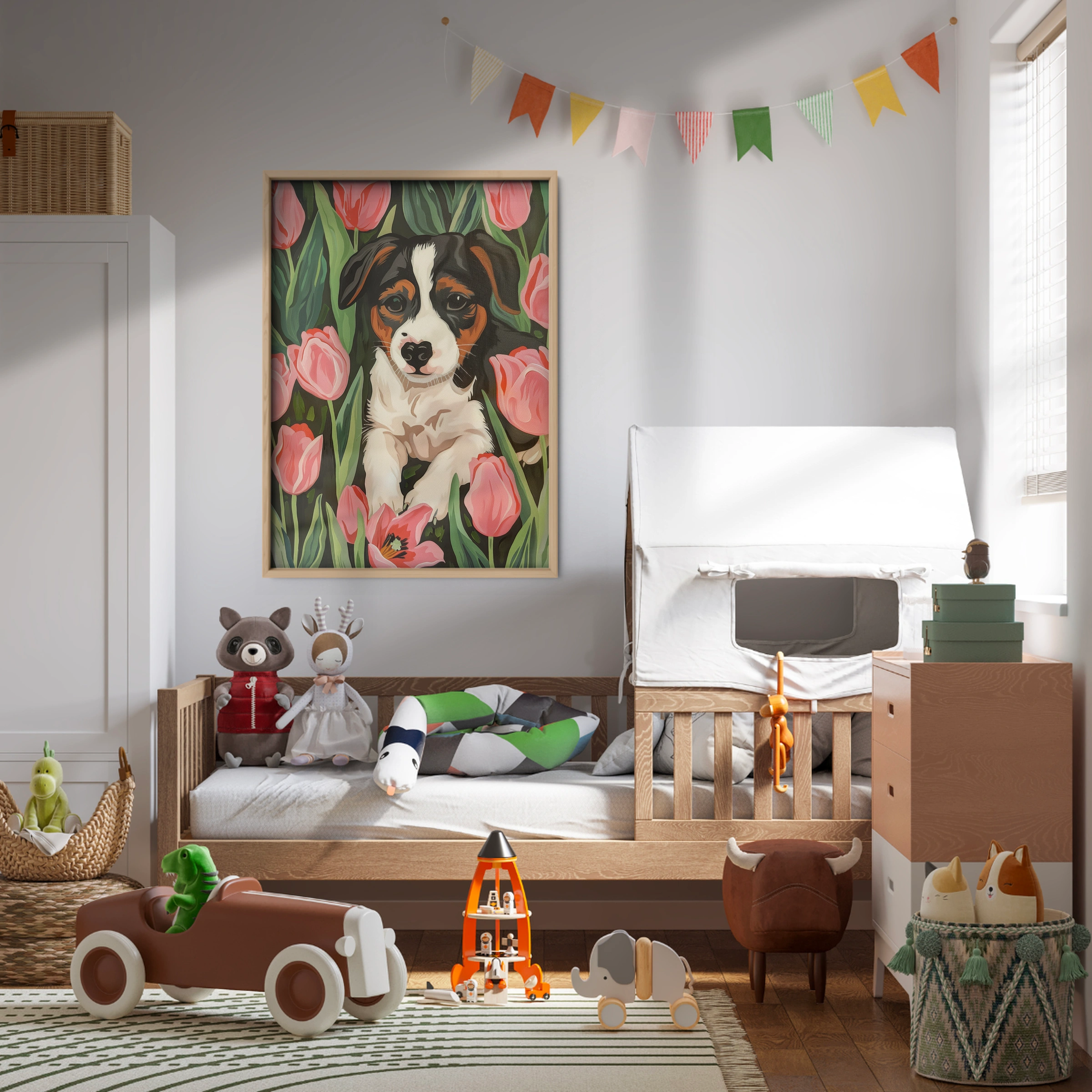 Puppy in Tulips Nursery Print