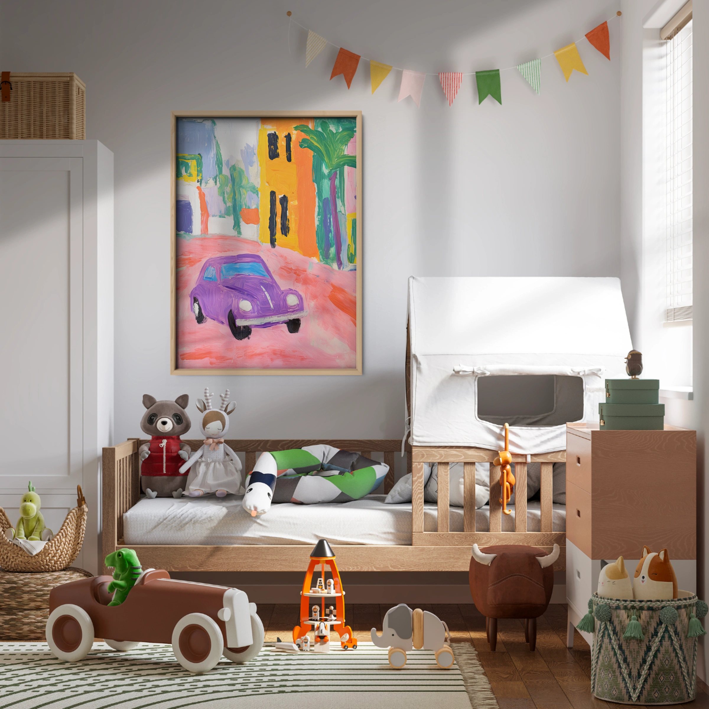 Purple Car in Town Nursery Print
