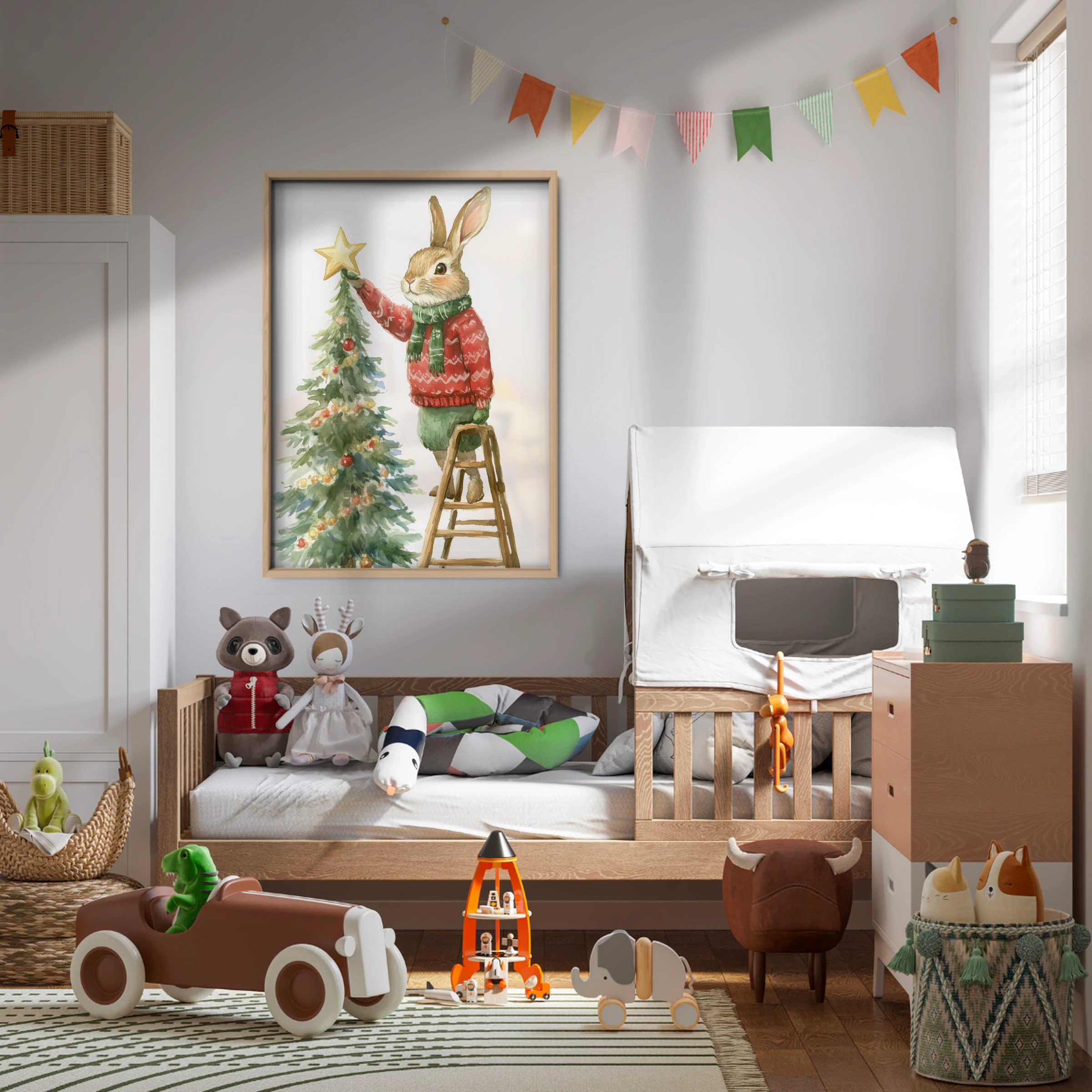Rabbit Decorating the Tree Christmas Print