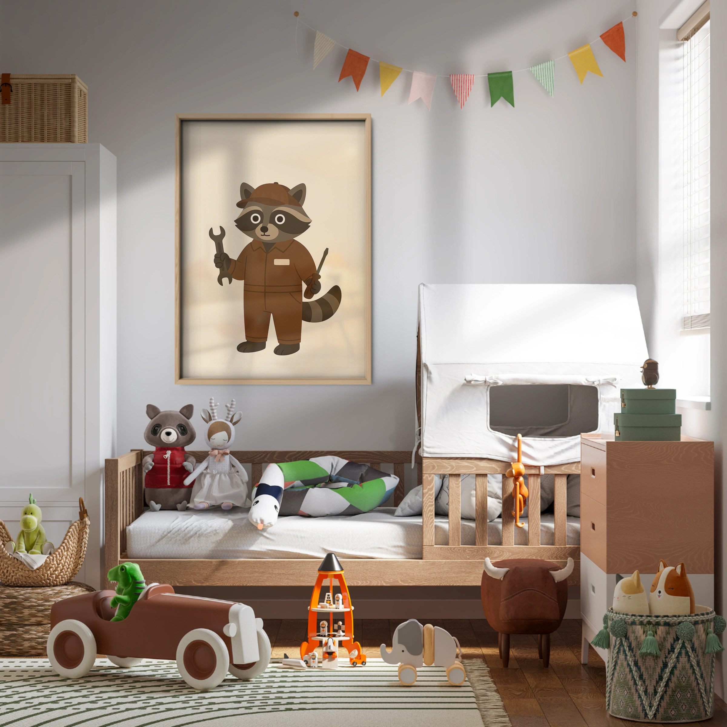 Raccoon at Work Nursery Print