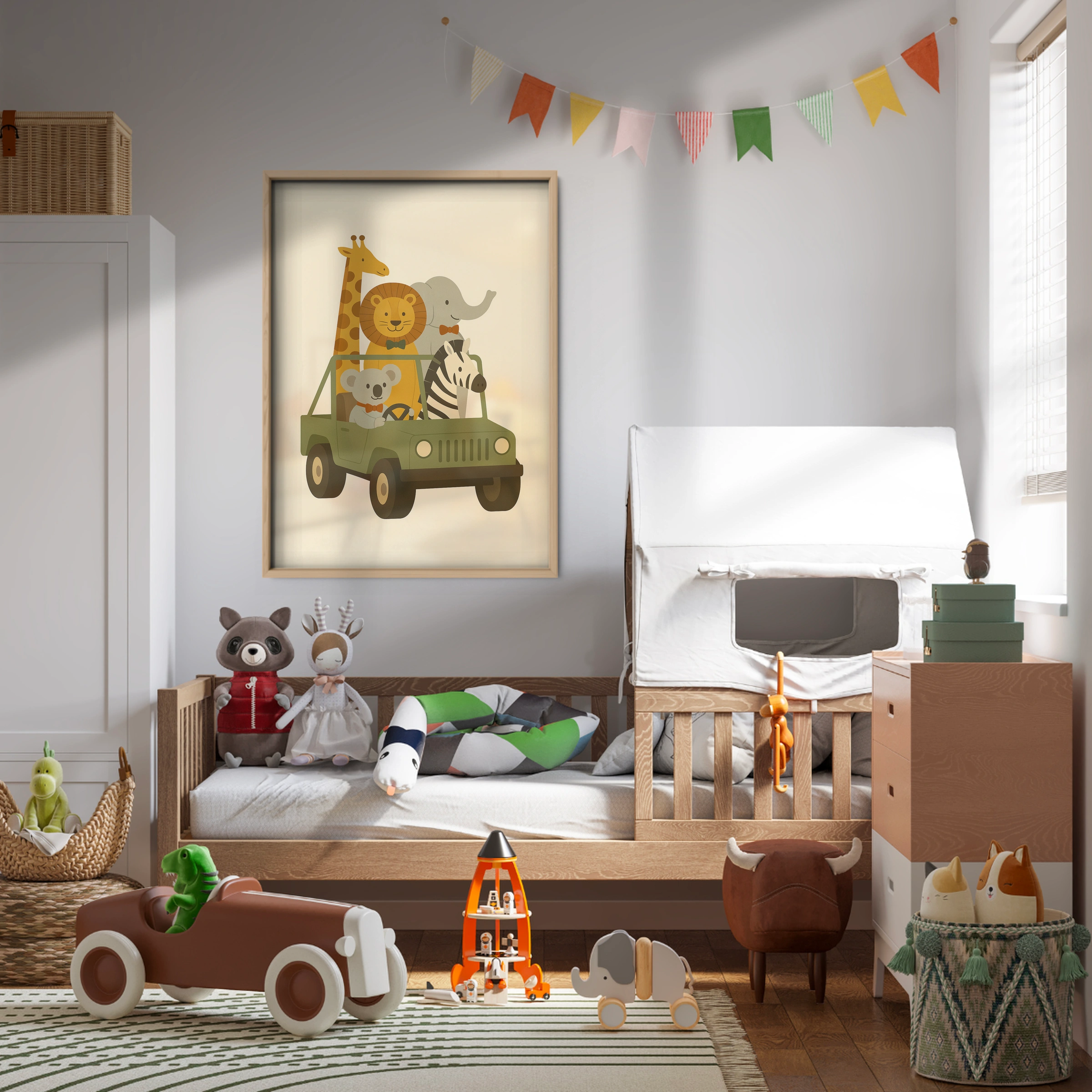 Safari Animals in a Jeep Nursery Print
