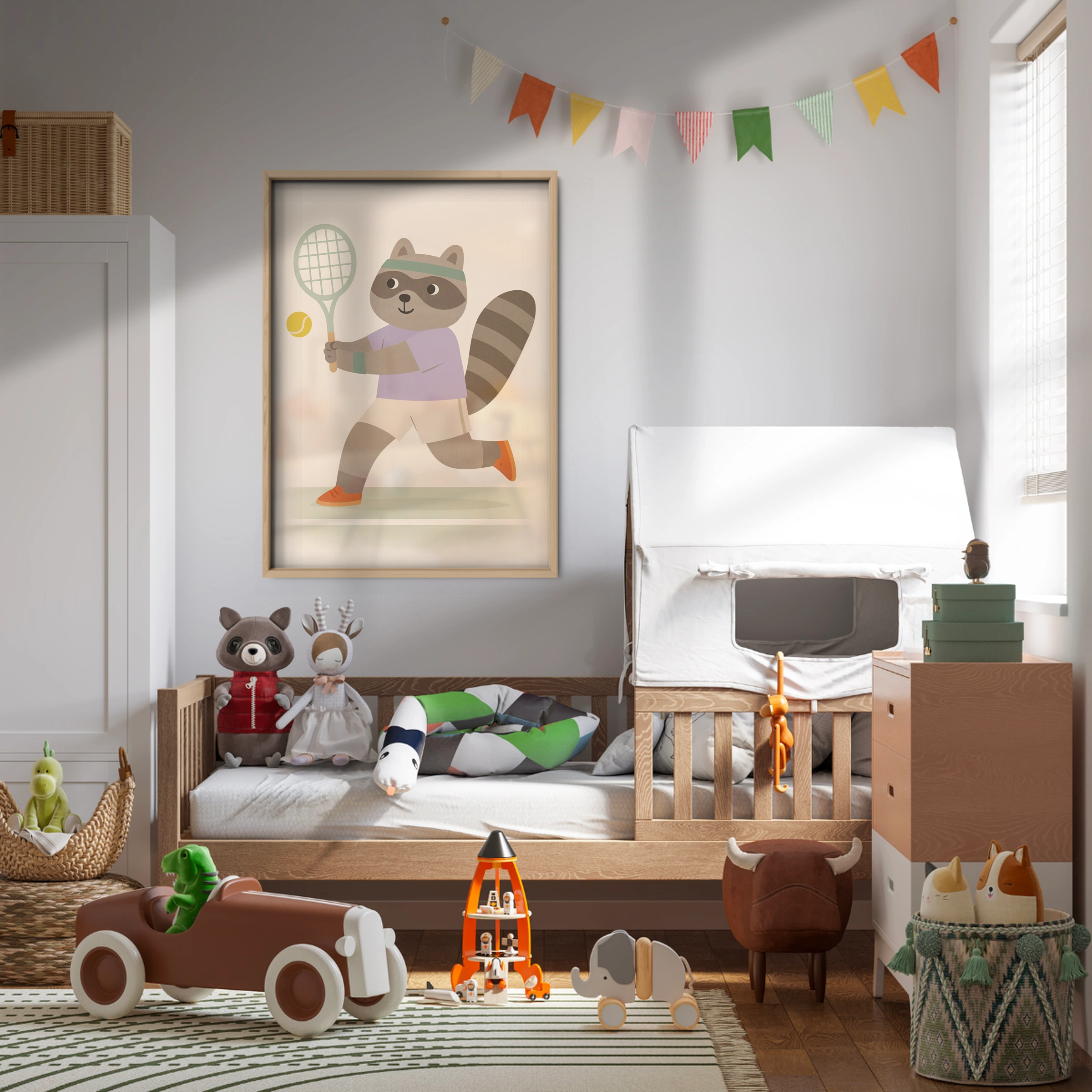 Tennis Raccoon Nursery Print - kids room wall art print