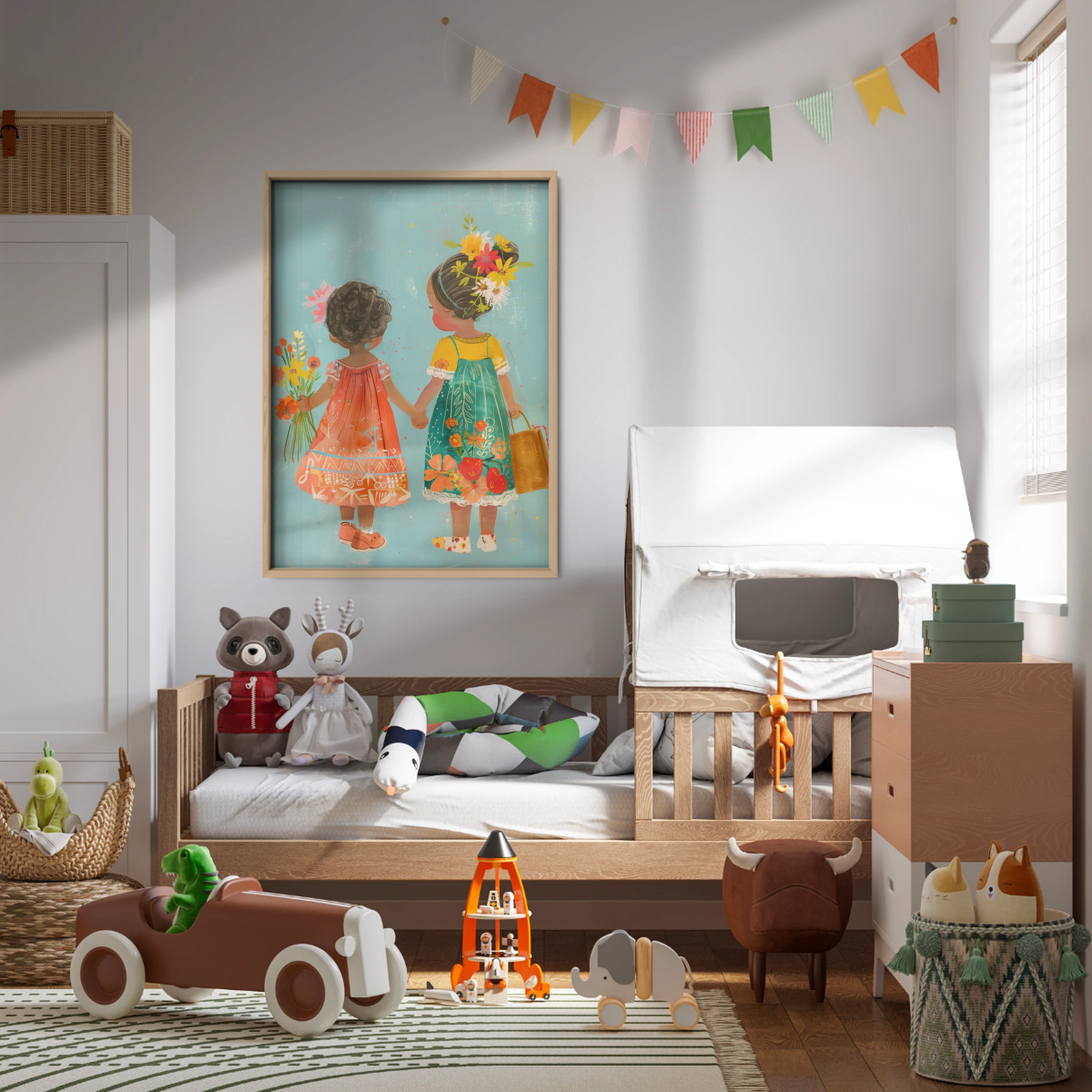 Two Girls with Flowers Nursery Print