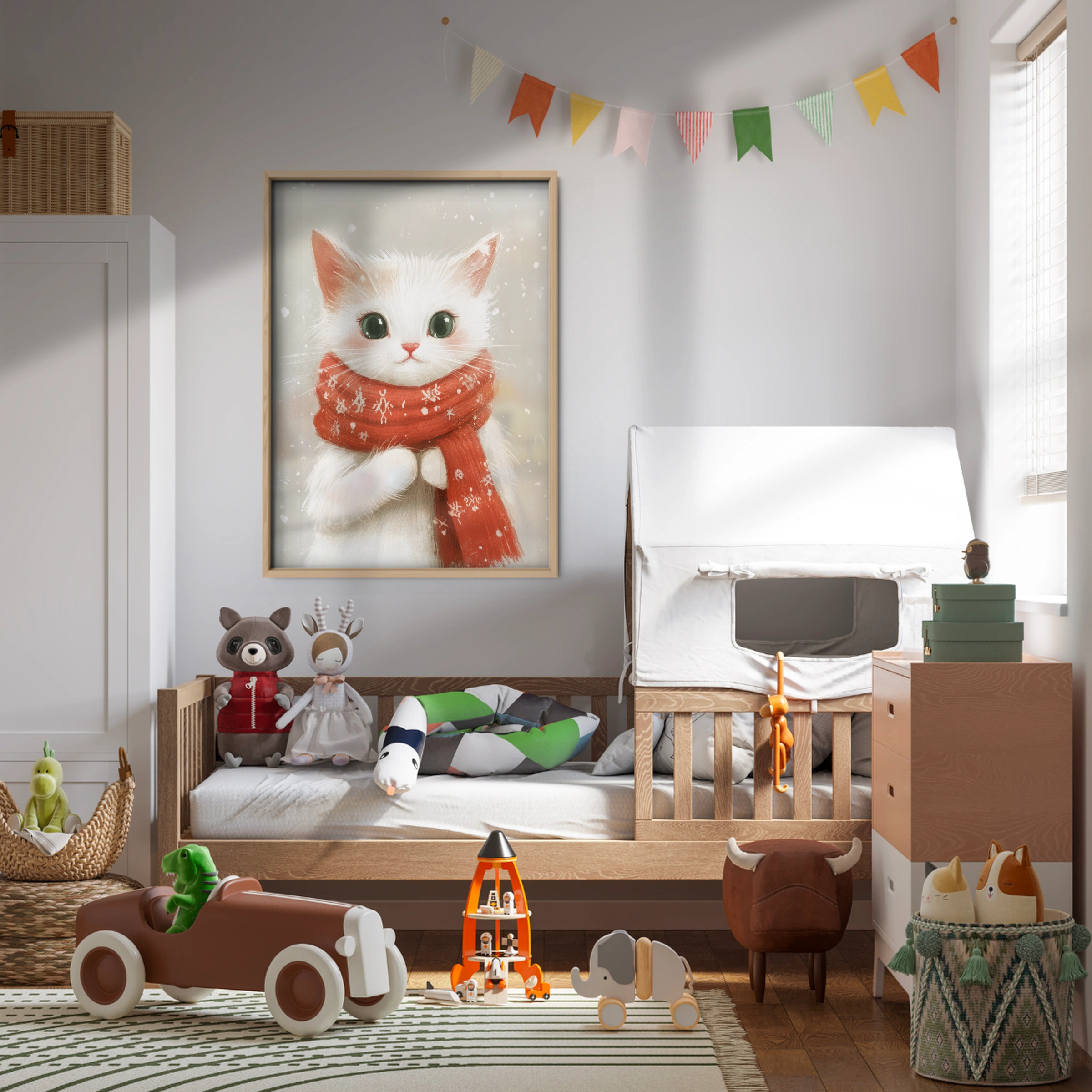 White Cat in a Scarf Christmas Print