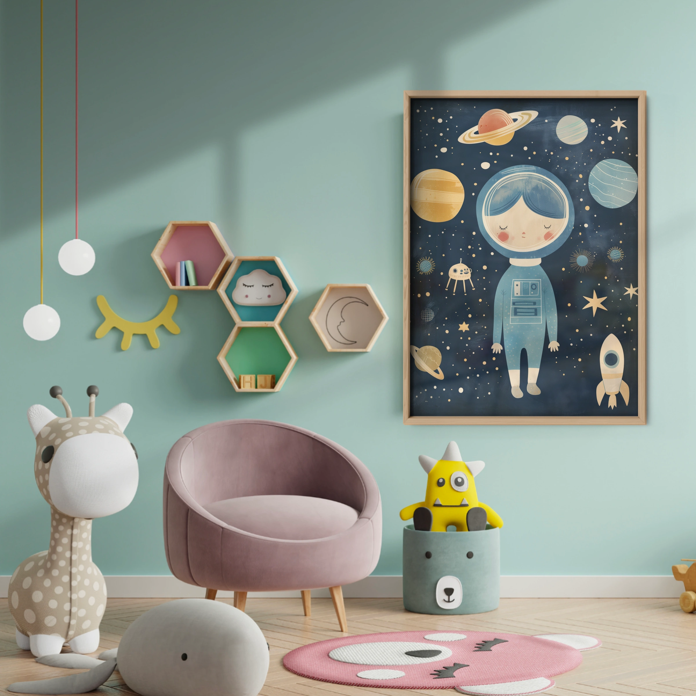 Astronaut Among Planets Nursery Print - baby room wall decor print
