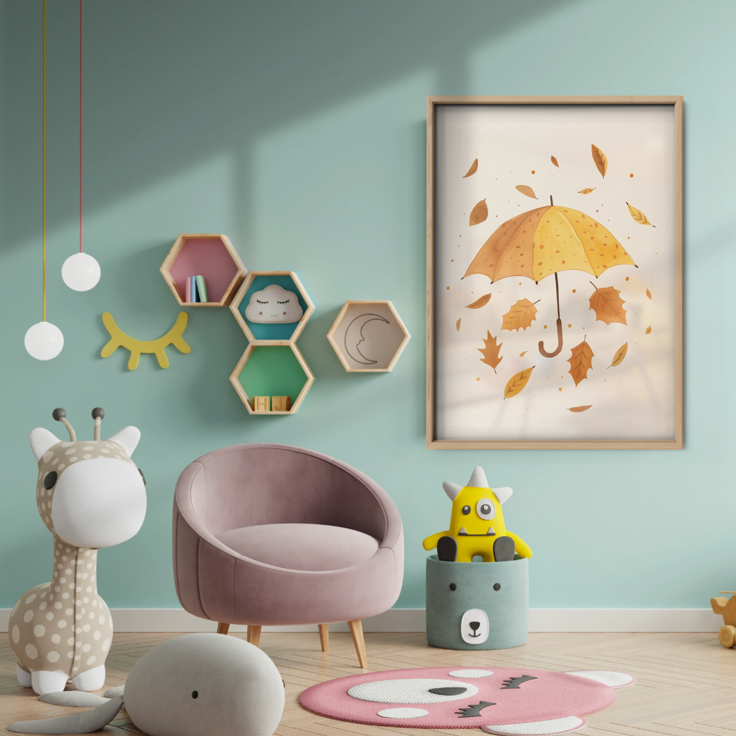 Autumn Umbrella Nursery Print - baby room wall decor print