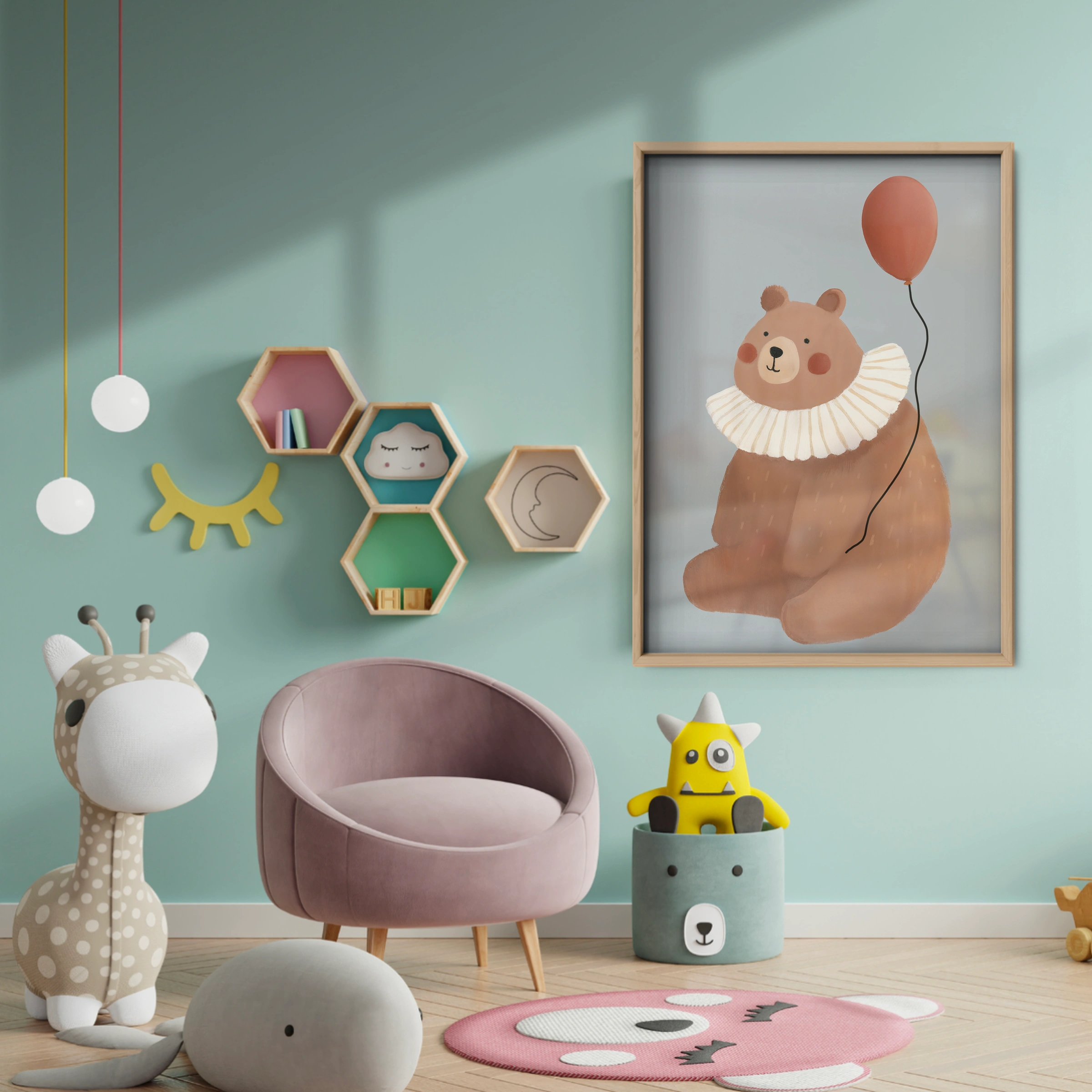 Balloon Bear Nursery Print - baby room wall decor print