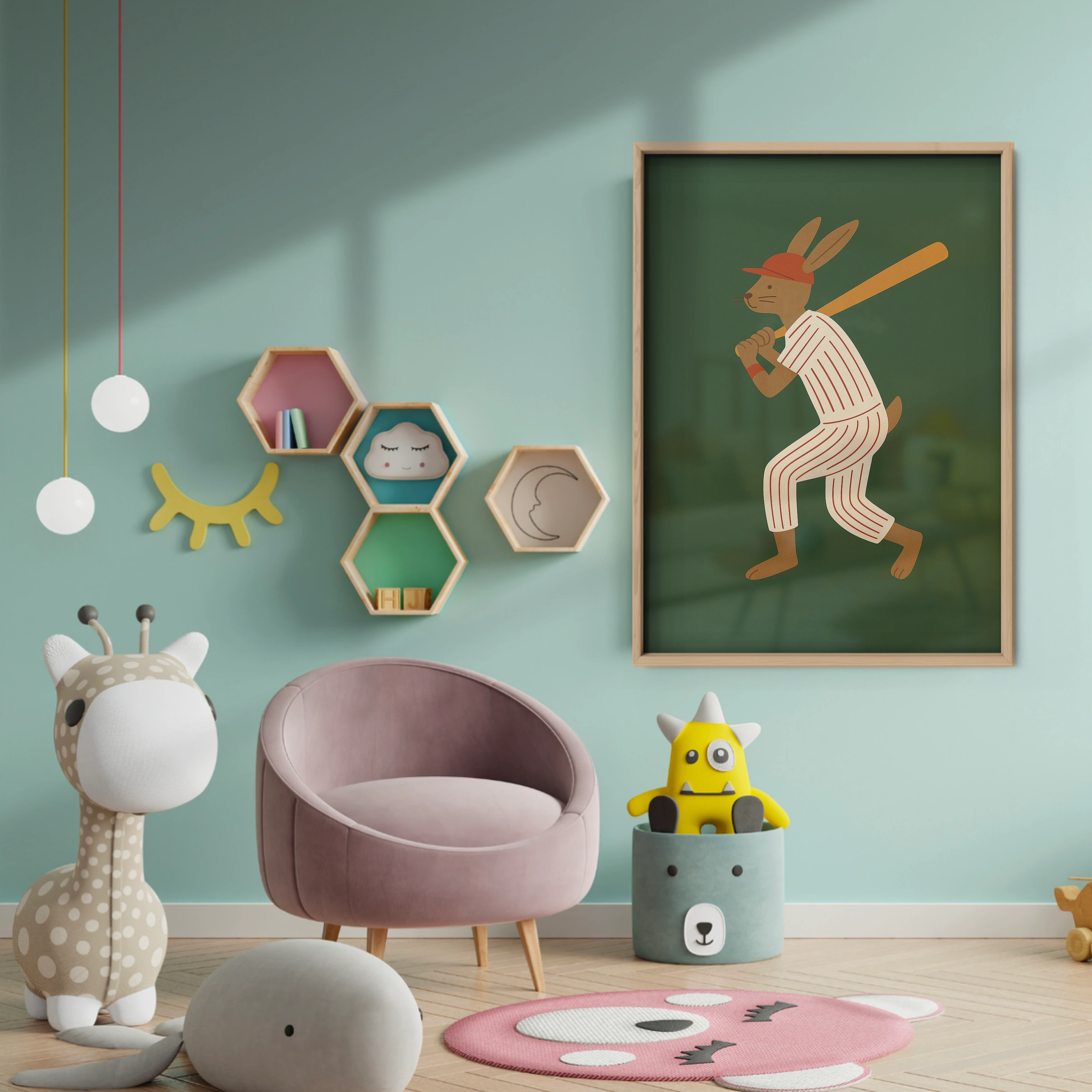 Baseball Batter Rabbit Nursery Print - baby room wall decor print