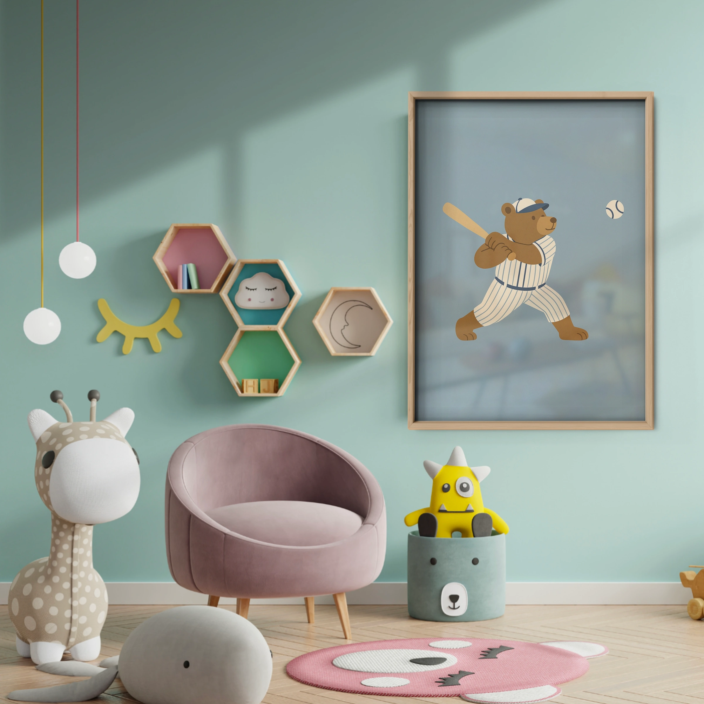 Baseball Bear Nursery Print - baby room wall decor print