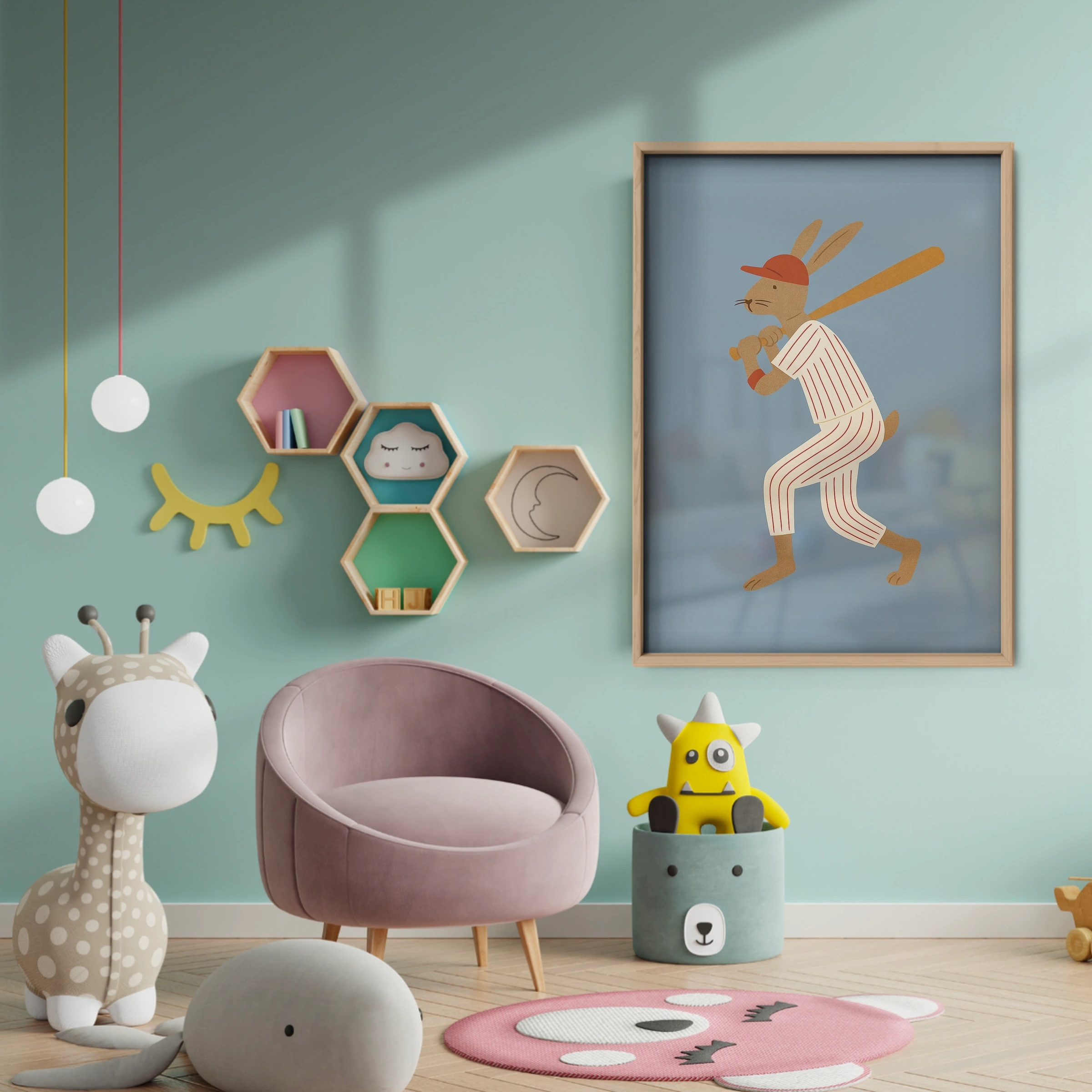 Baseball Rabbit Nursery Print - baby room wall decor print