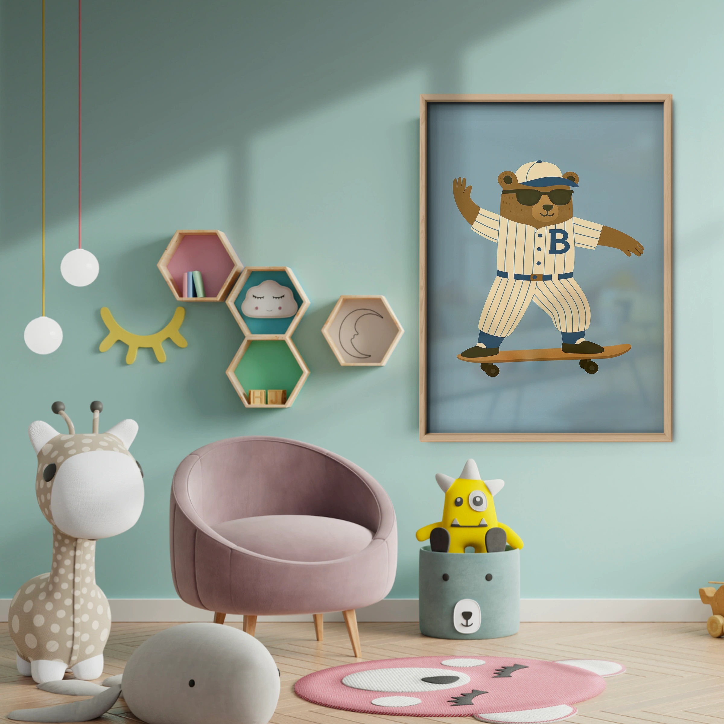 Baseball Skater Bear Nursery Print - baby room wall decor print
