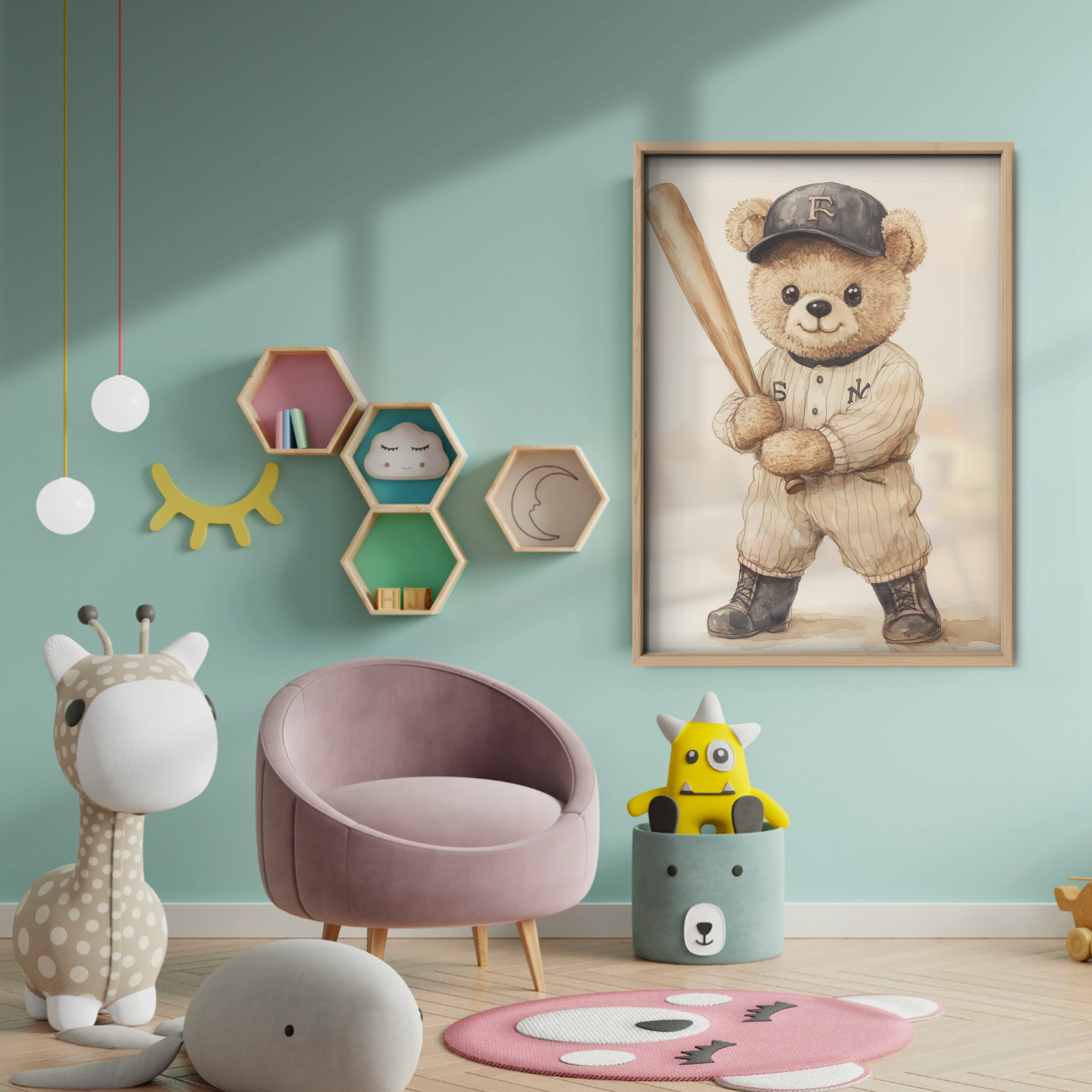 Baseball Teddy Bear Nursery Print - baby room wall decor print