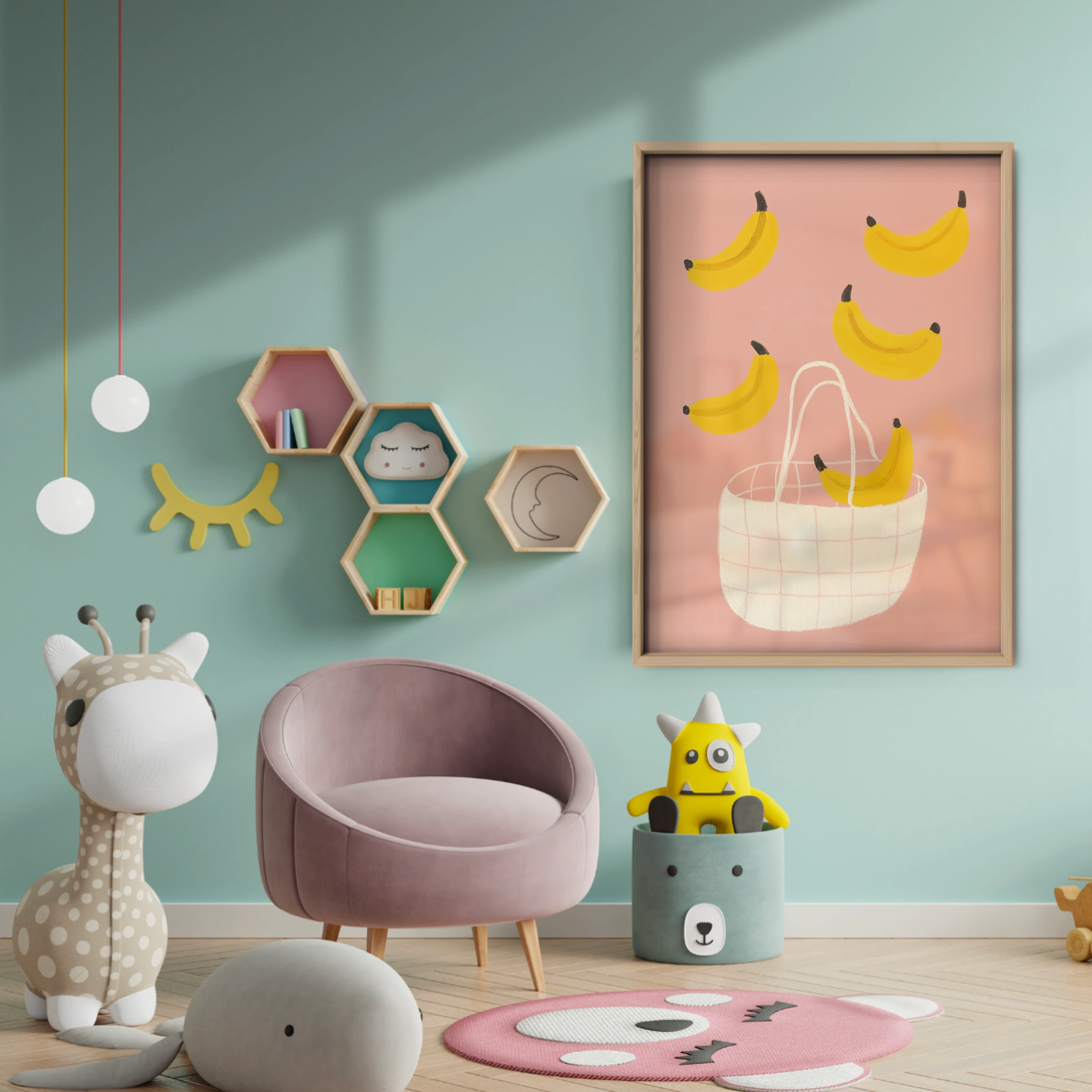 Basket of Bananas Nursery Print - baby room wall decor print