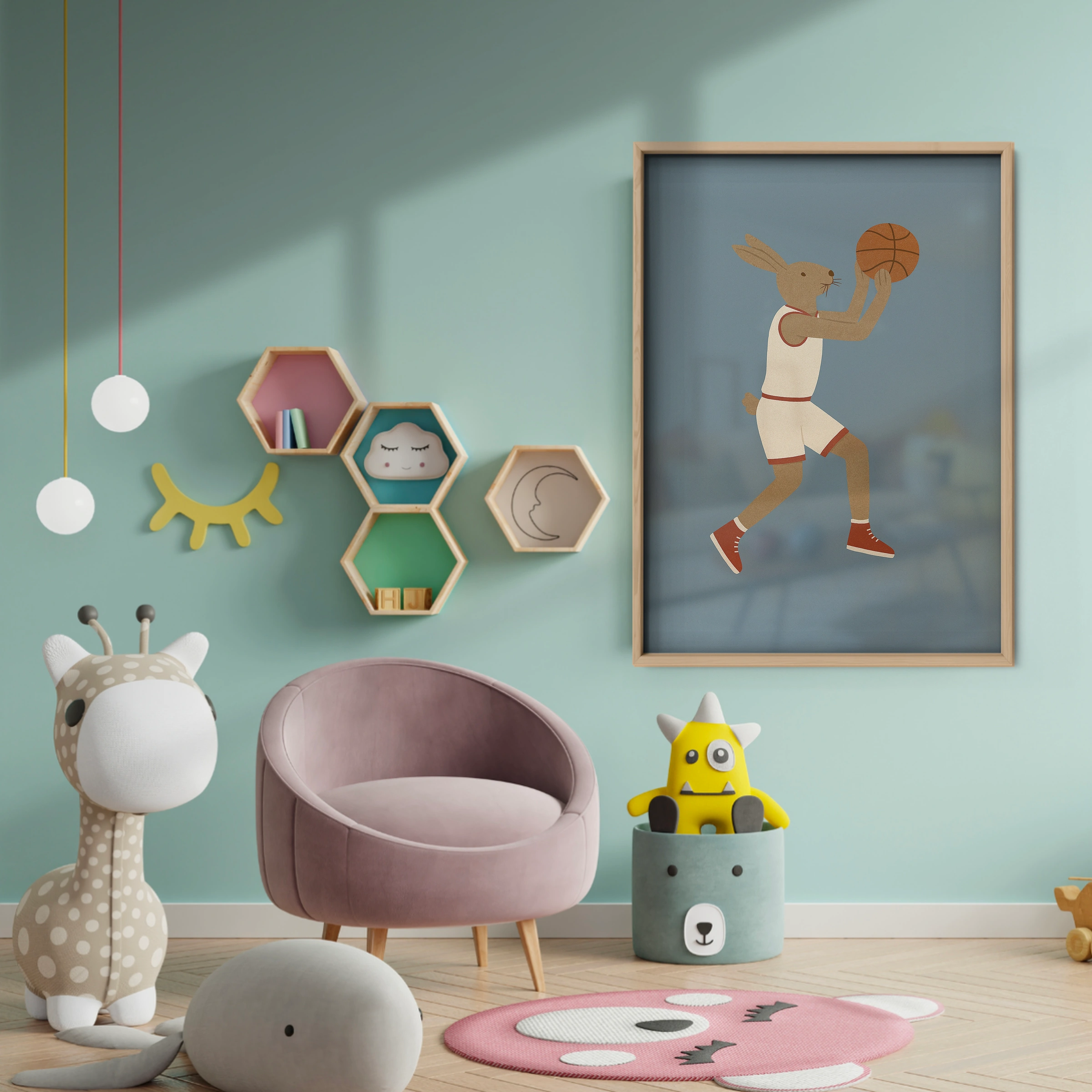 Basketball Rabbit Four Nursery Print - baby room wall decor print