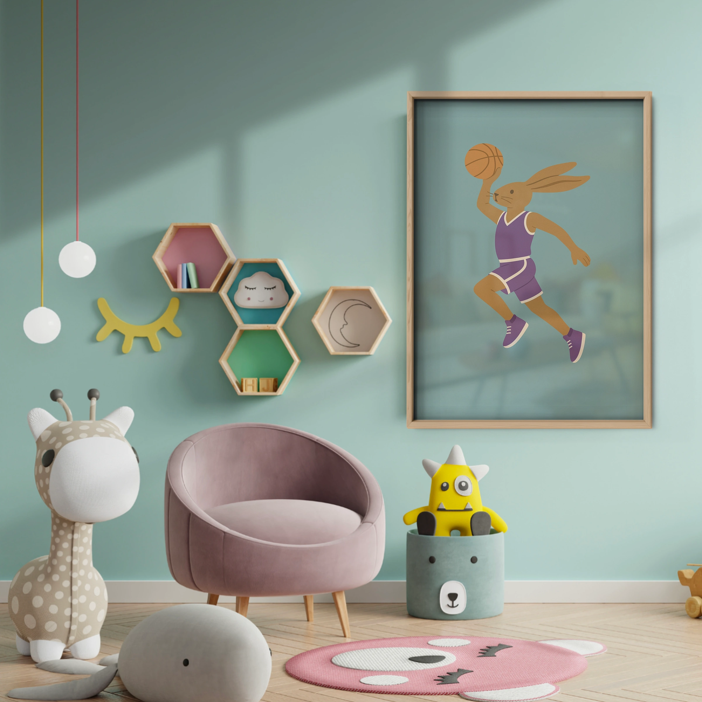 Basketball Rabbit Nursery Print - baby room wall decor print