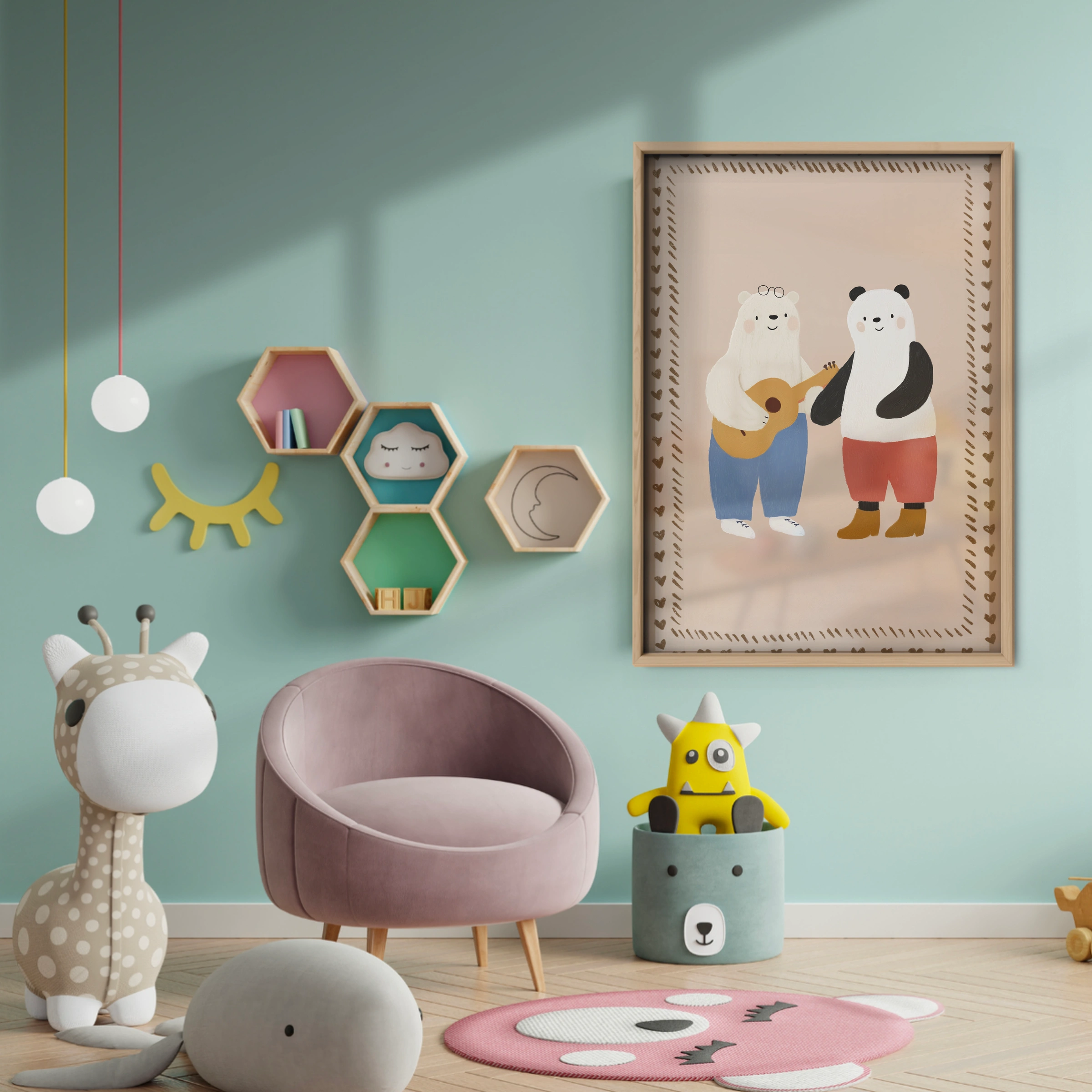 Bear and Panda Band Nursery Print - baby room wall decor print