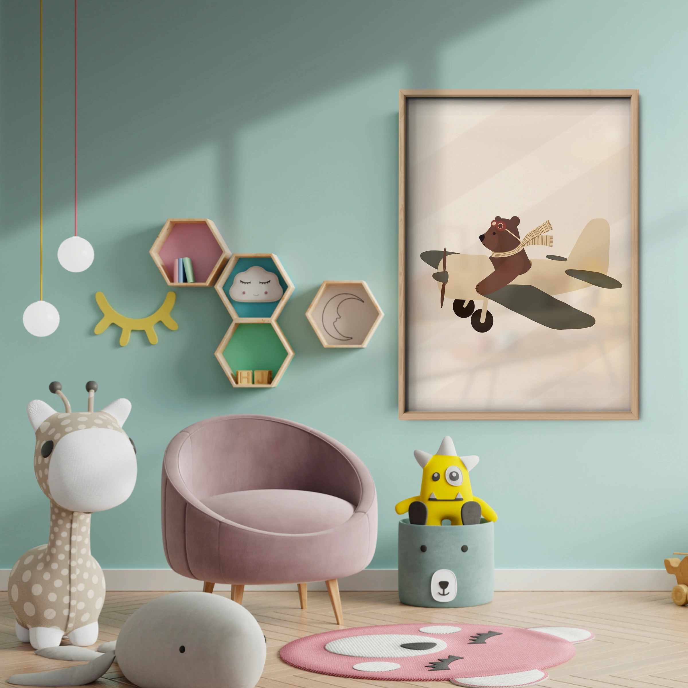 Bear Aviator in a Plane Nursery Print - baby room wall decor print
