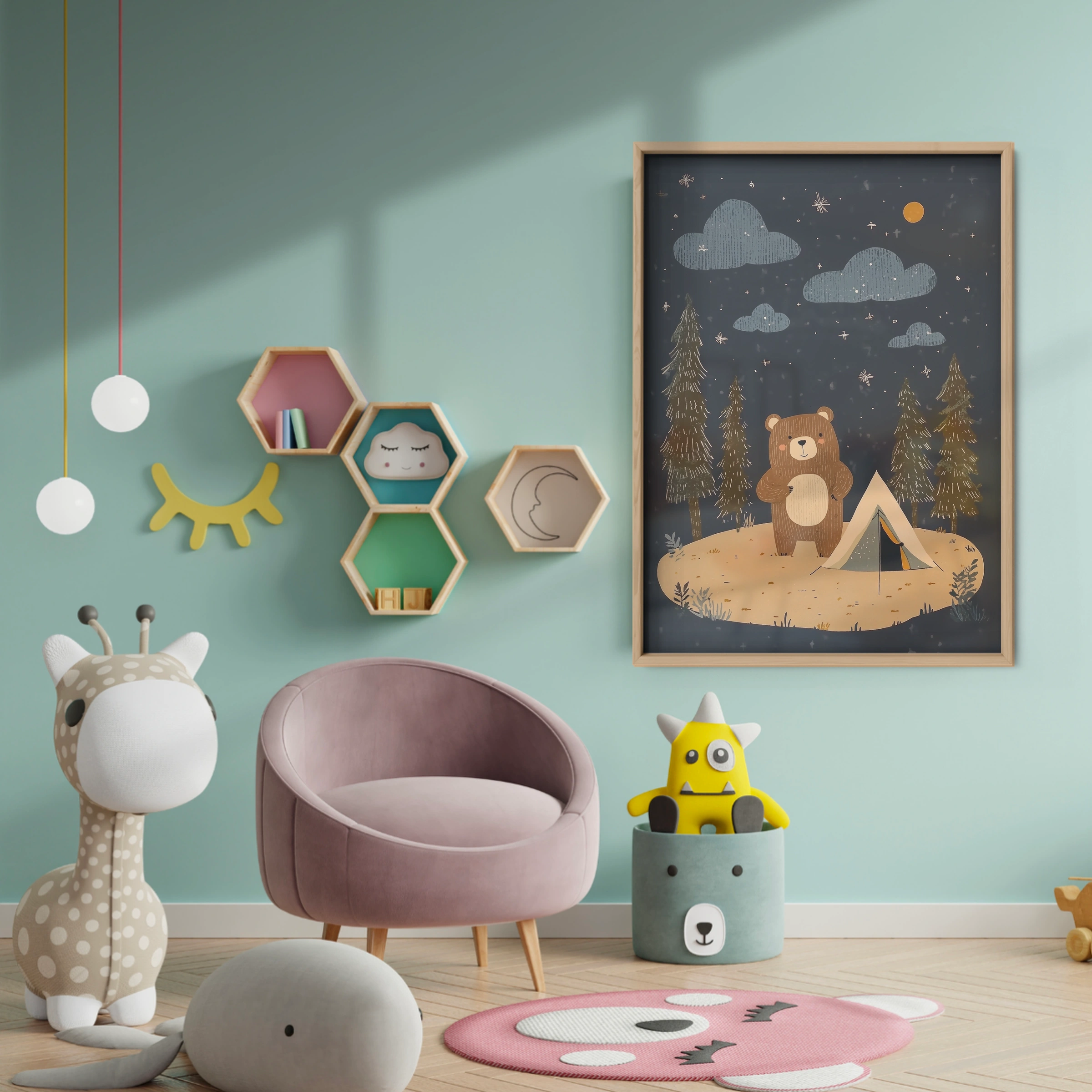 Bear Camping Nursery Print - baby room wall decor print