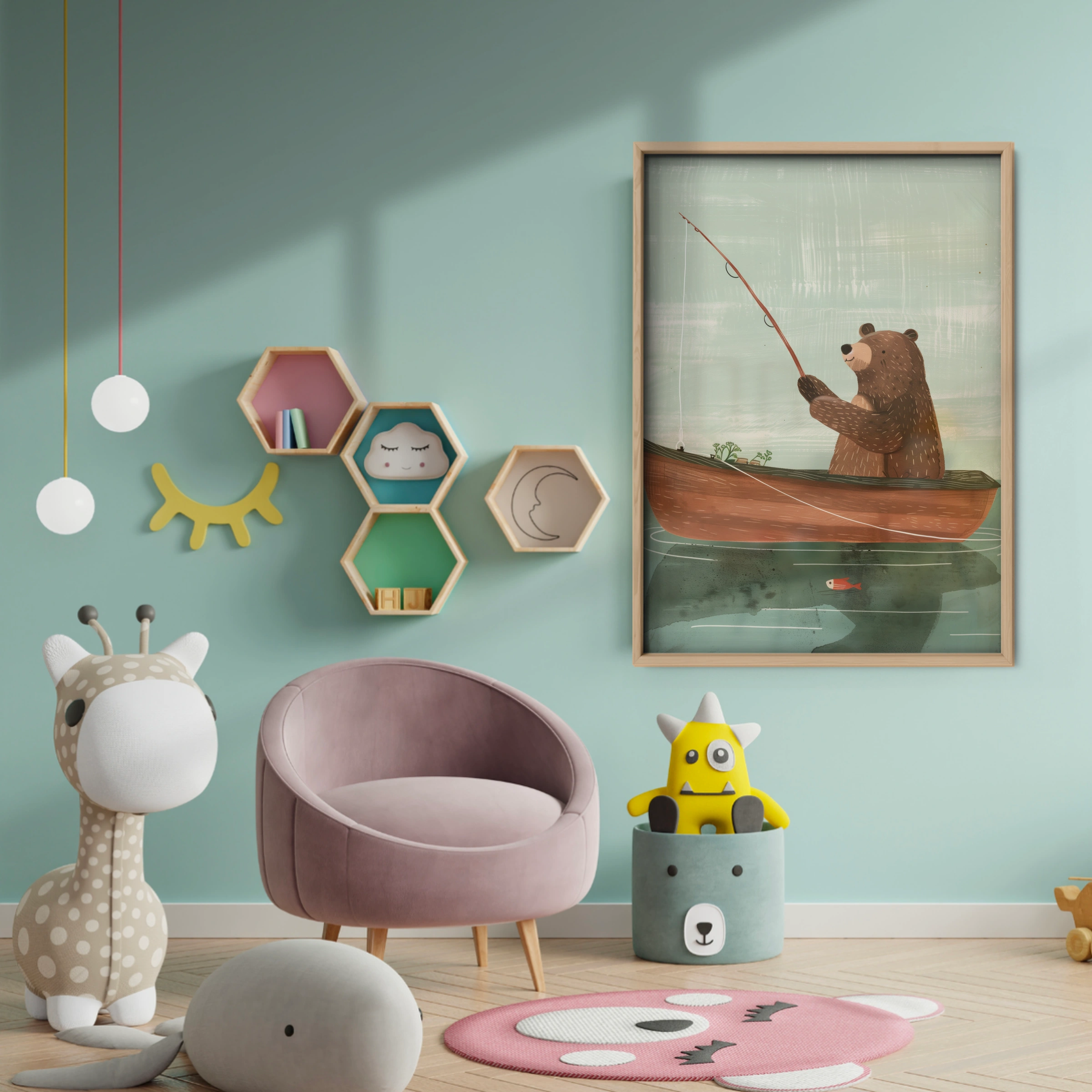 Bear Fishing at Dawn Nursery Print - baby room wall decor print