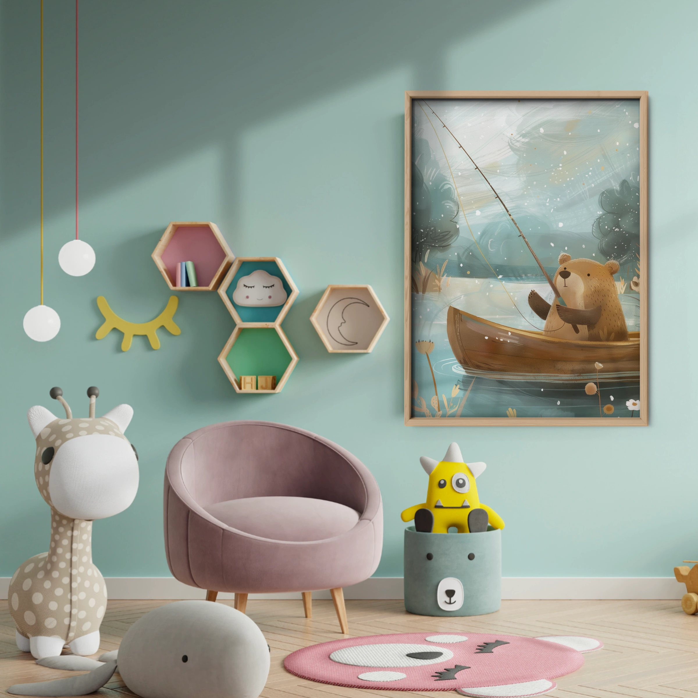 Bear Fishing Nursery Print - baby room wall decor print