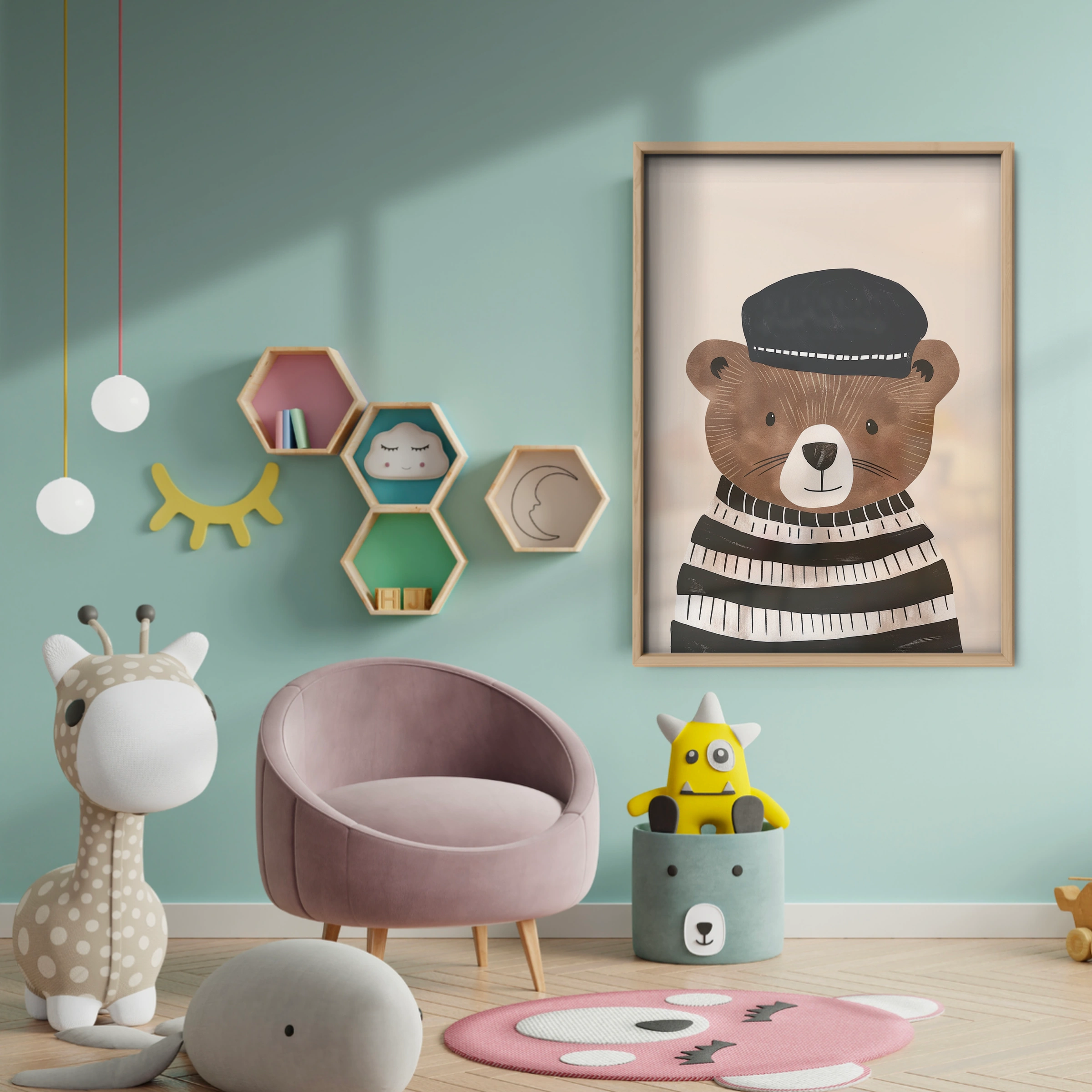 Bear in a Beret Nursery Print - baby room wall decor print