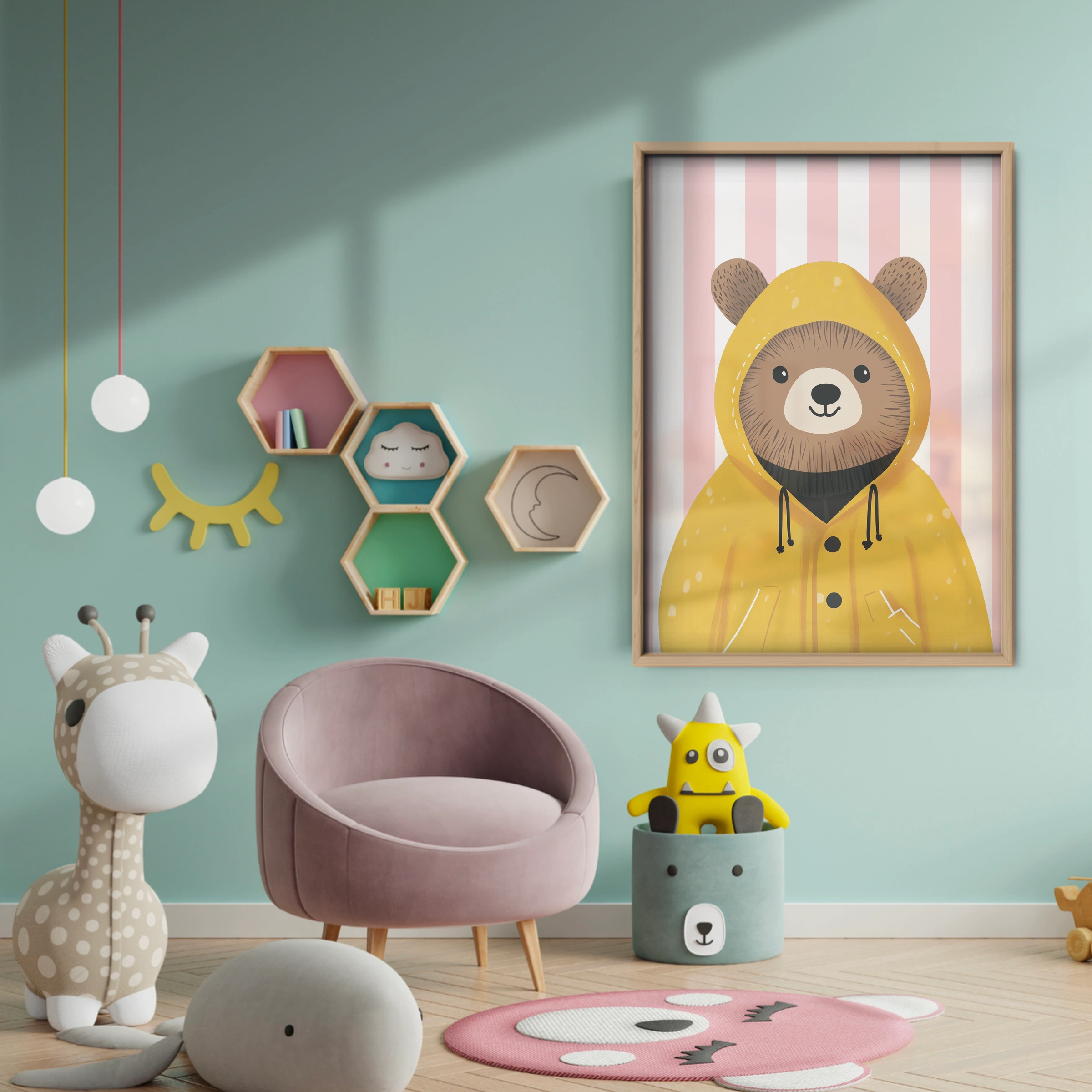Bear in a Raincoat Nursery Print - baby room wall decor print