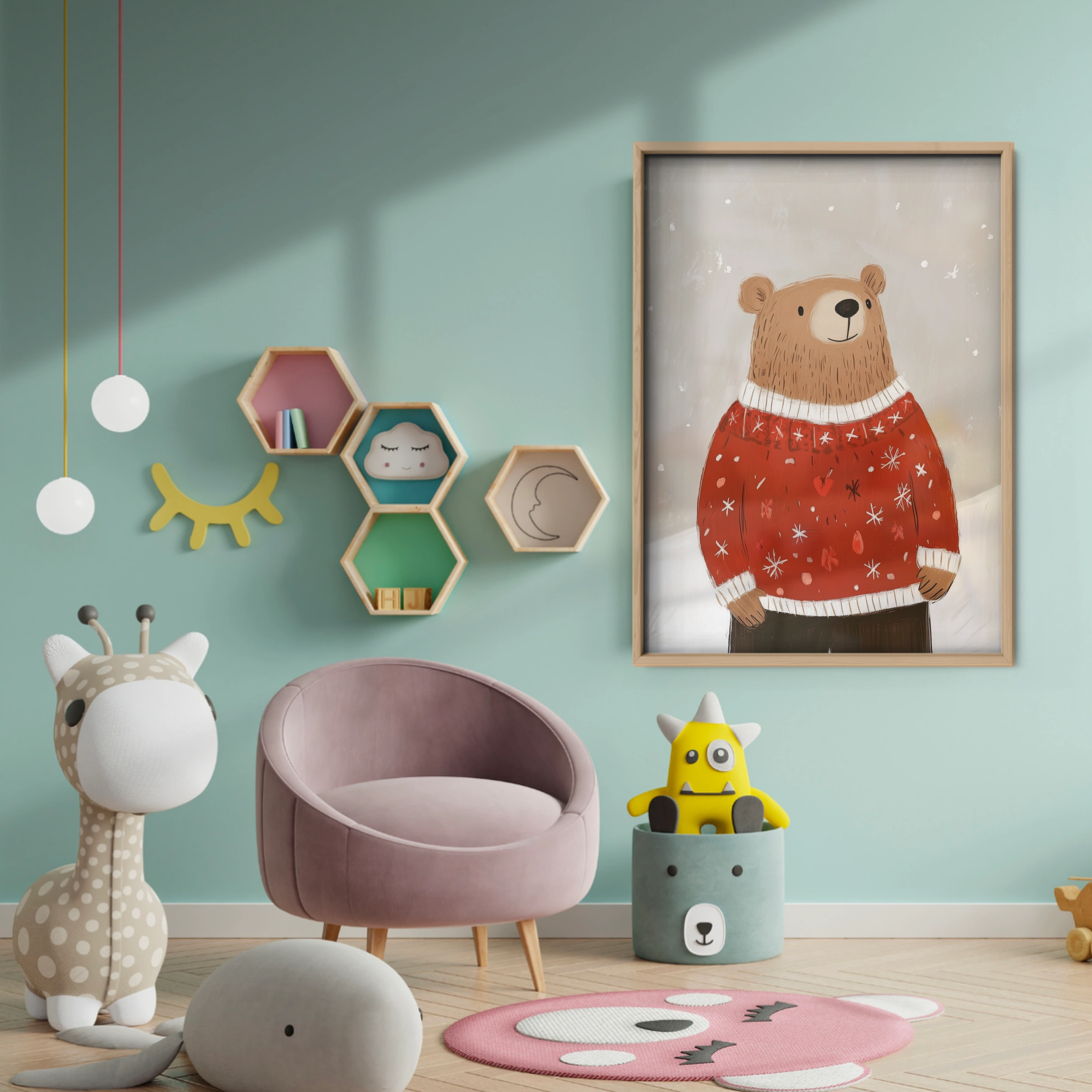 Bear in a Red Sweater Christmas Print - baby room wall decor print