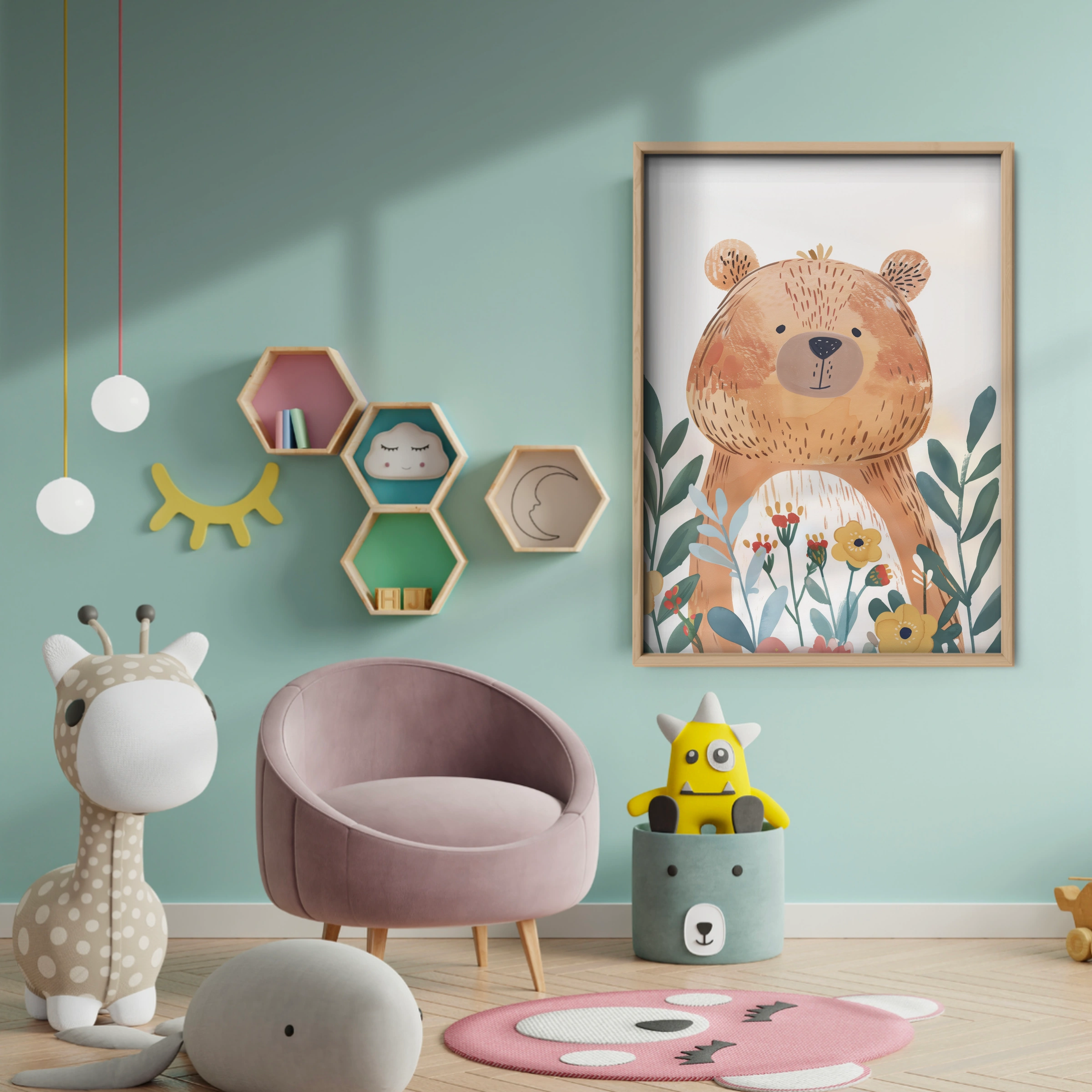 Bear in Flowers Nursery Print - baby room wall decor print