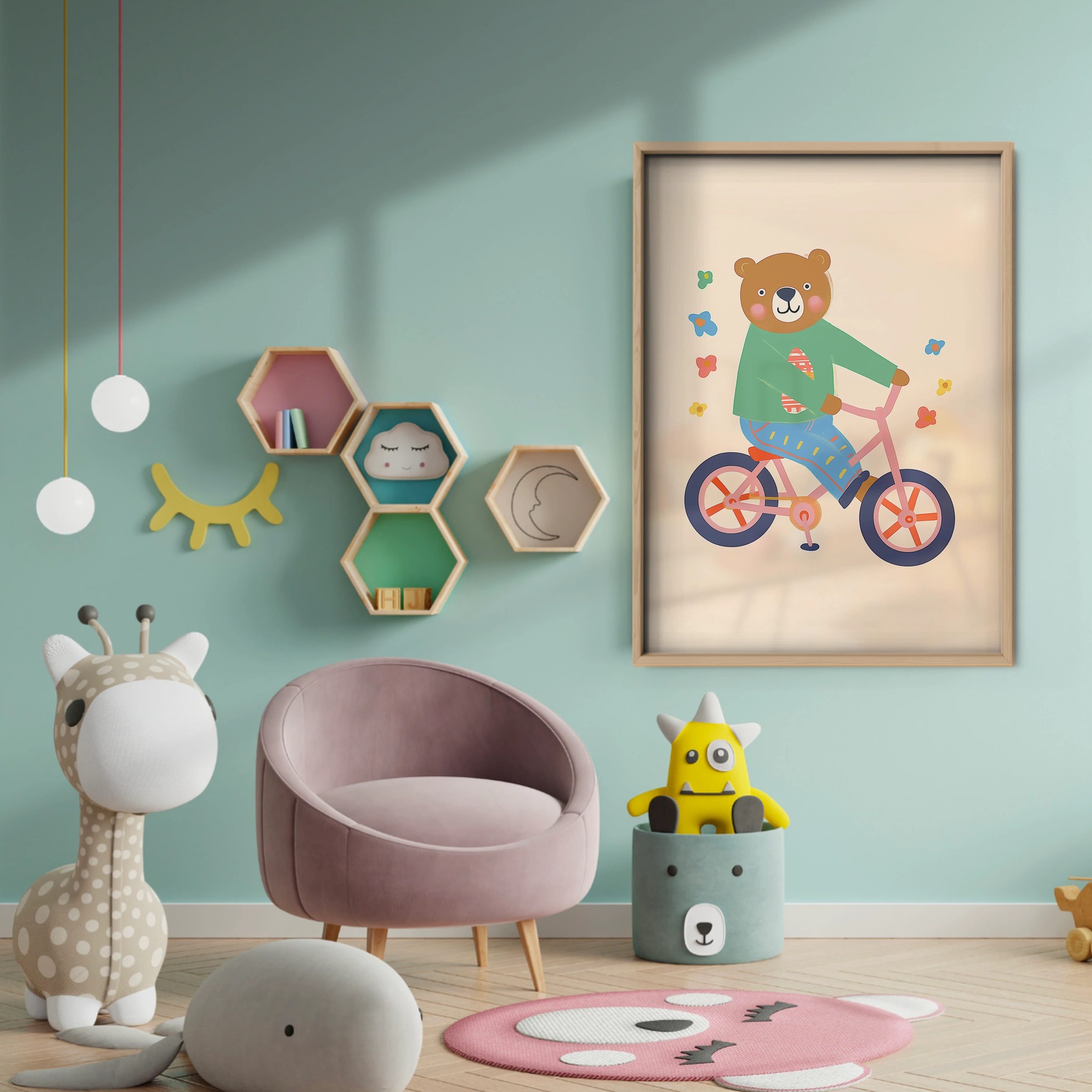 Bear on a Bicycle Nursery Print - baby room wall decor print