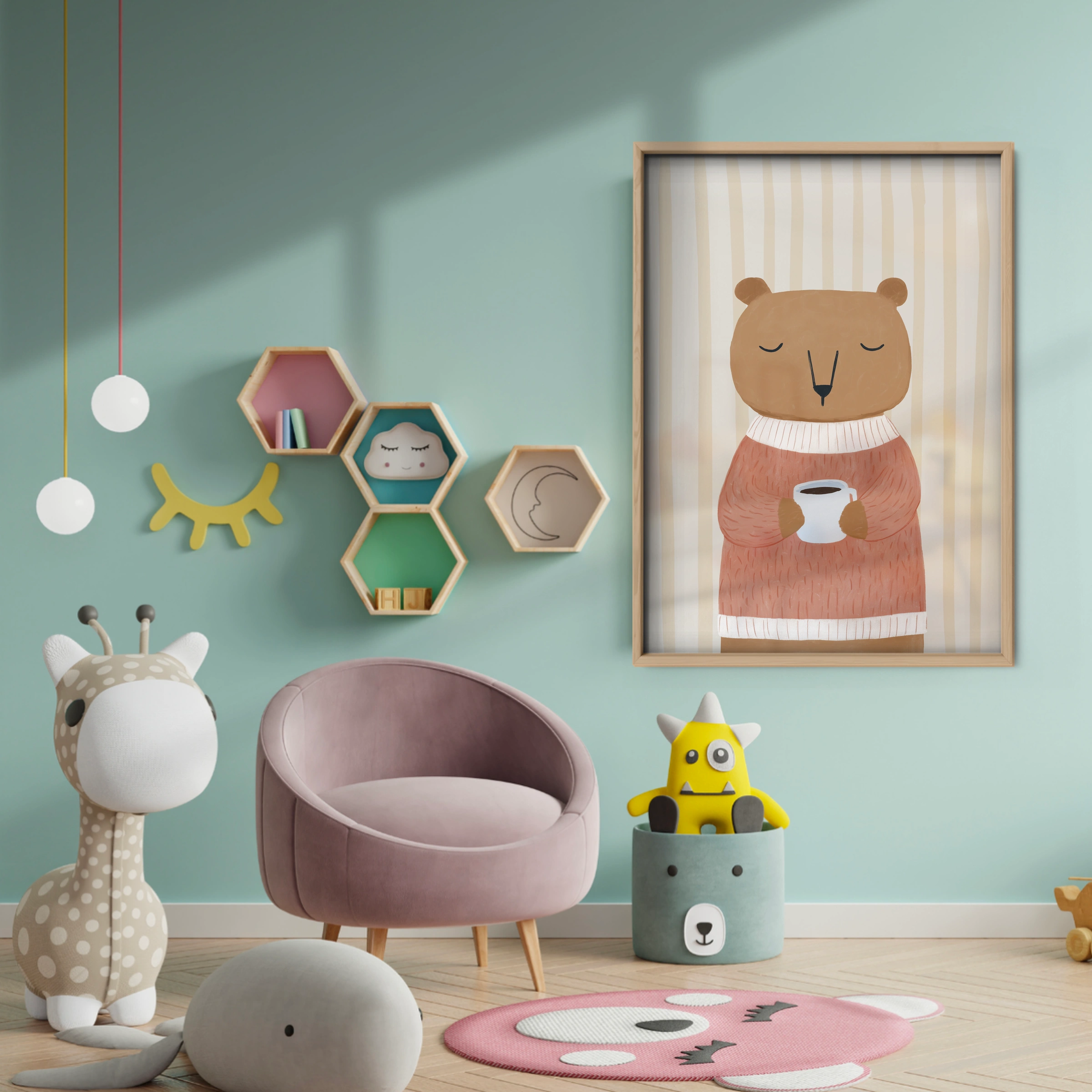 Bear with a Cup Nursery Print - baby room wall decor print