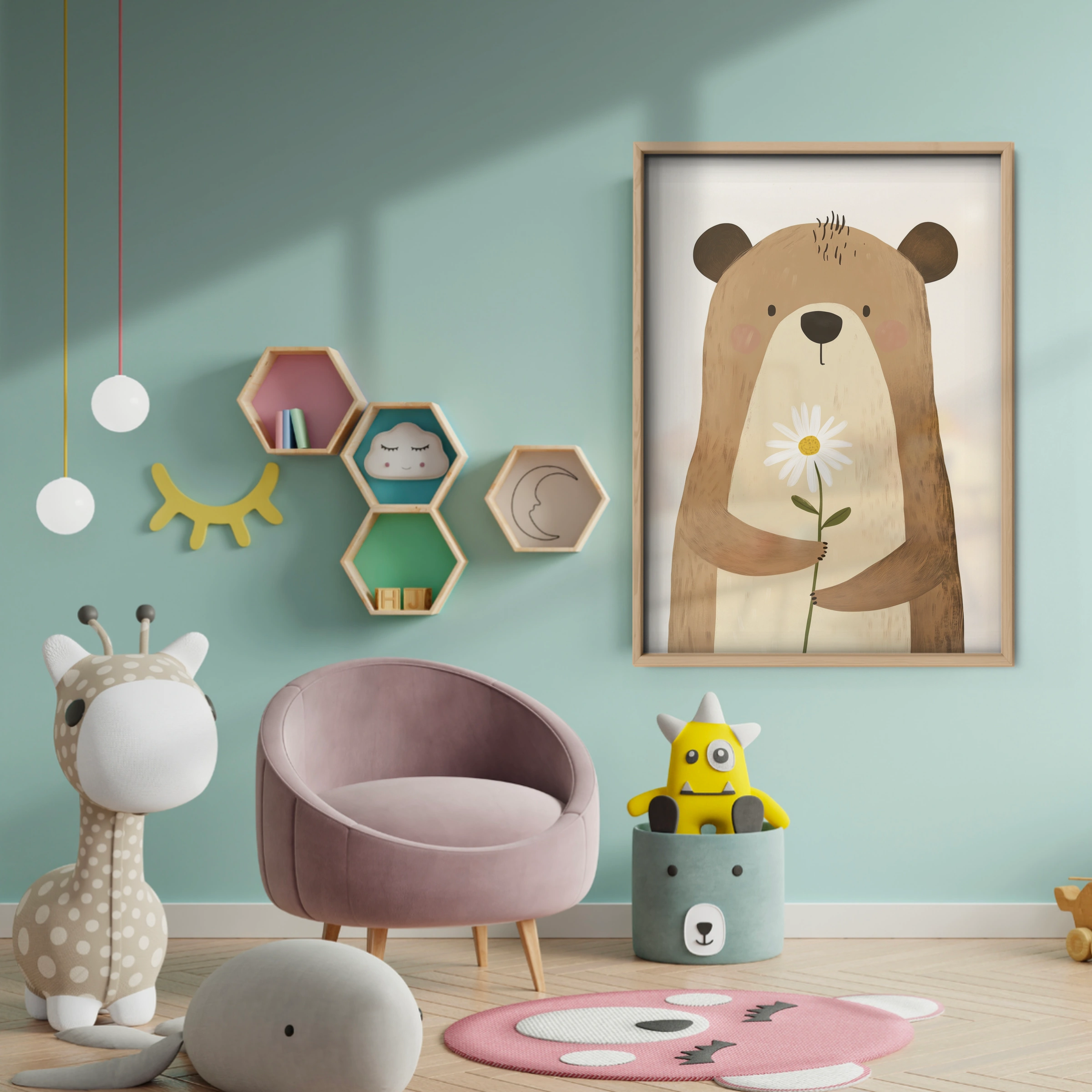 Bear with a Daisy Nursery Print - baby room wall decor print