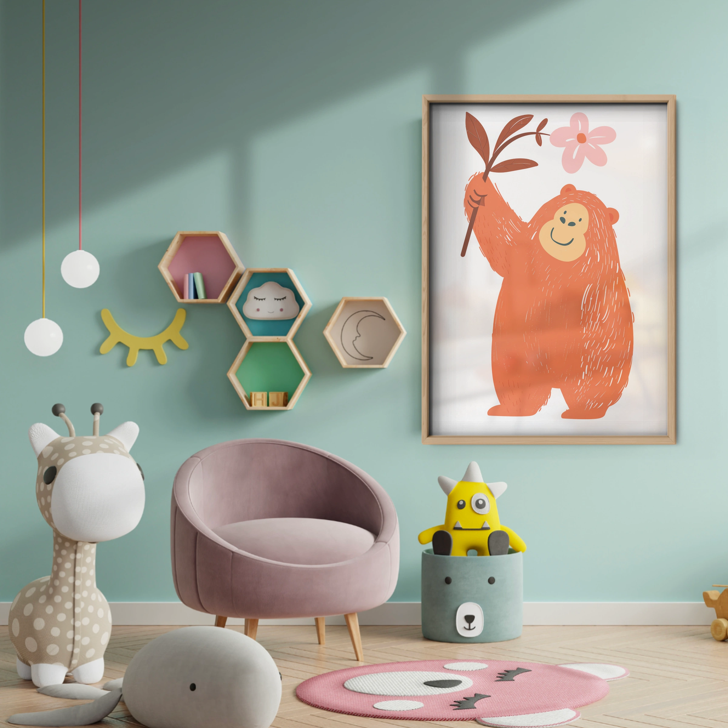 Bear with a Flower Nursery Print - baby room wall decor print