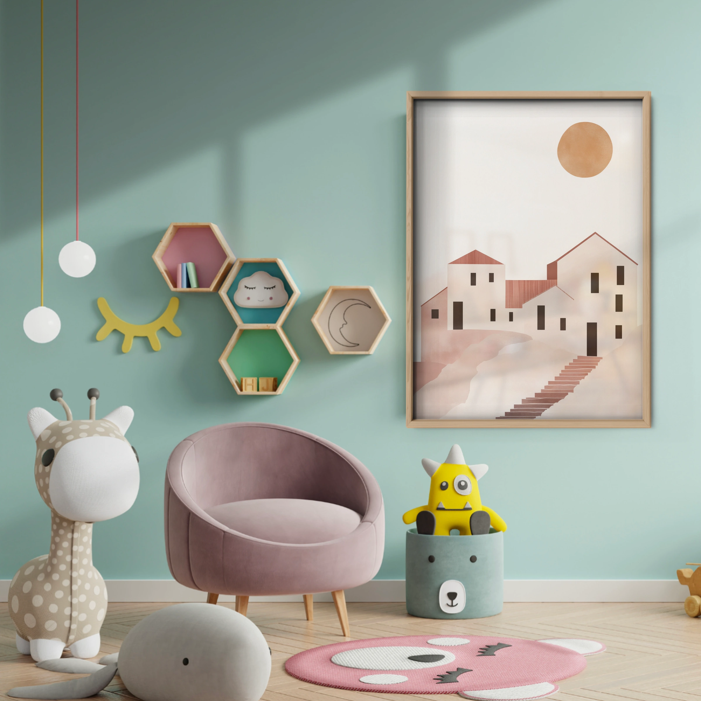 Beige Village Nursery Print - baby room wall decor print