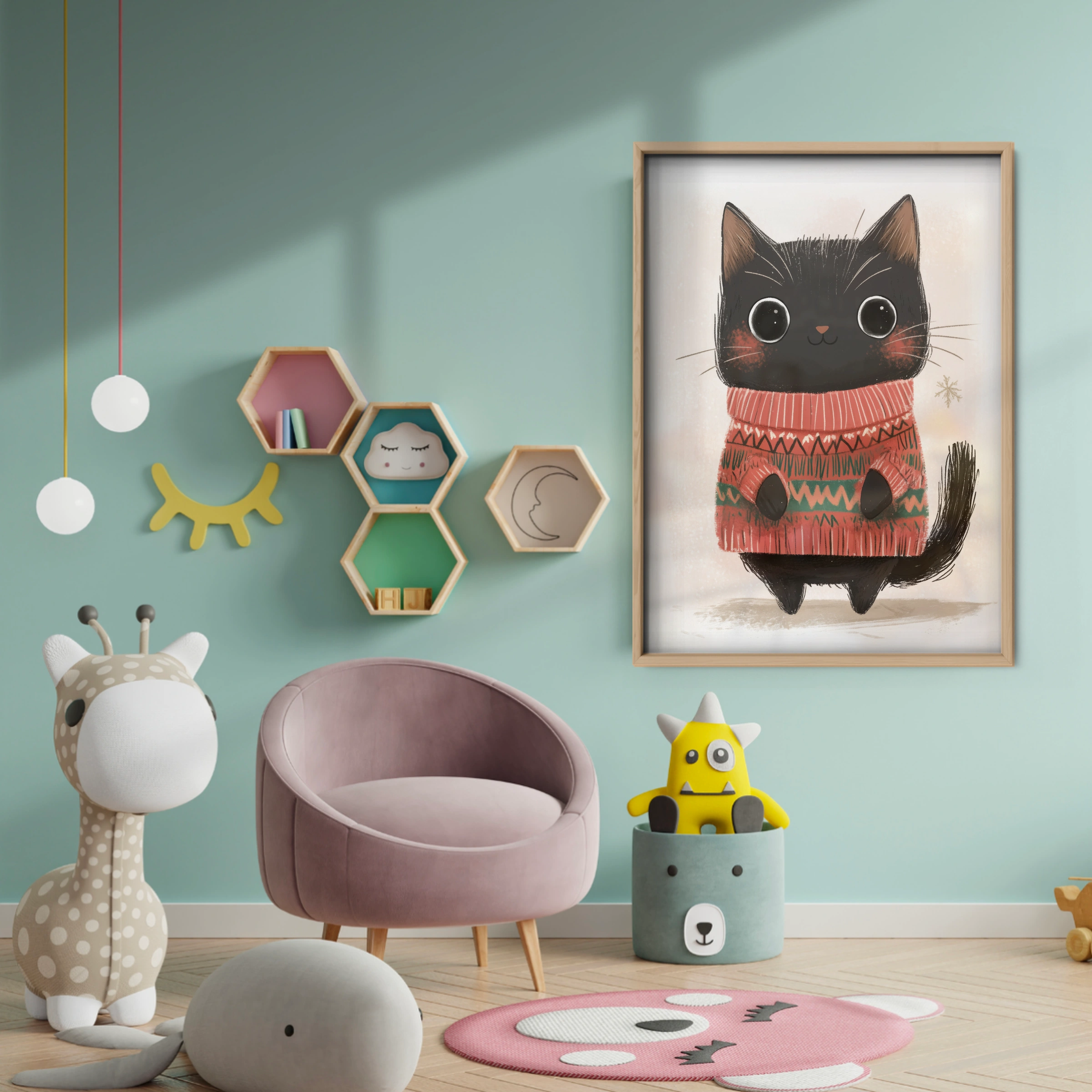 Black Cat in a Sweater Christmas Print - baby room wall decor print