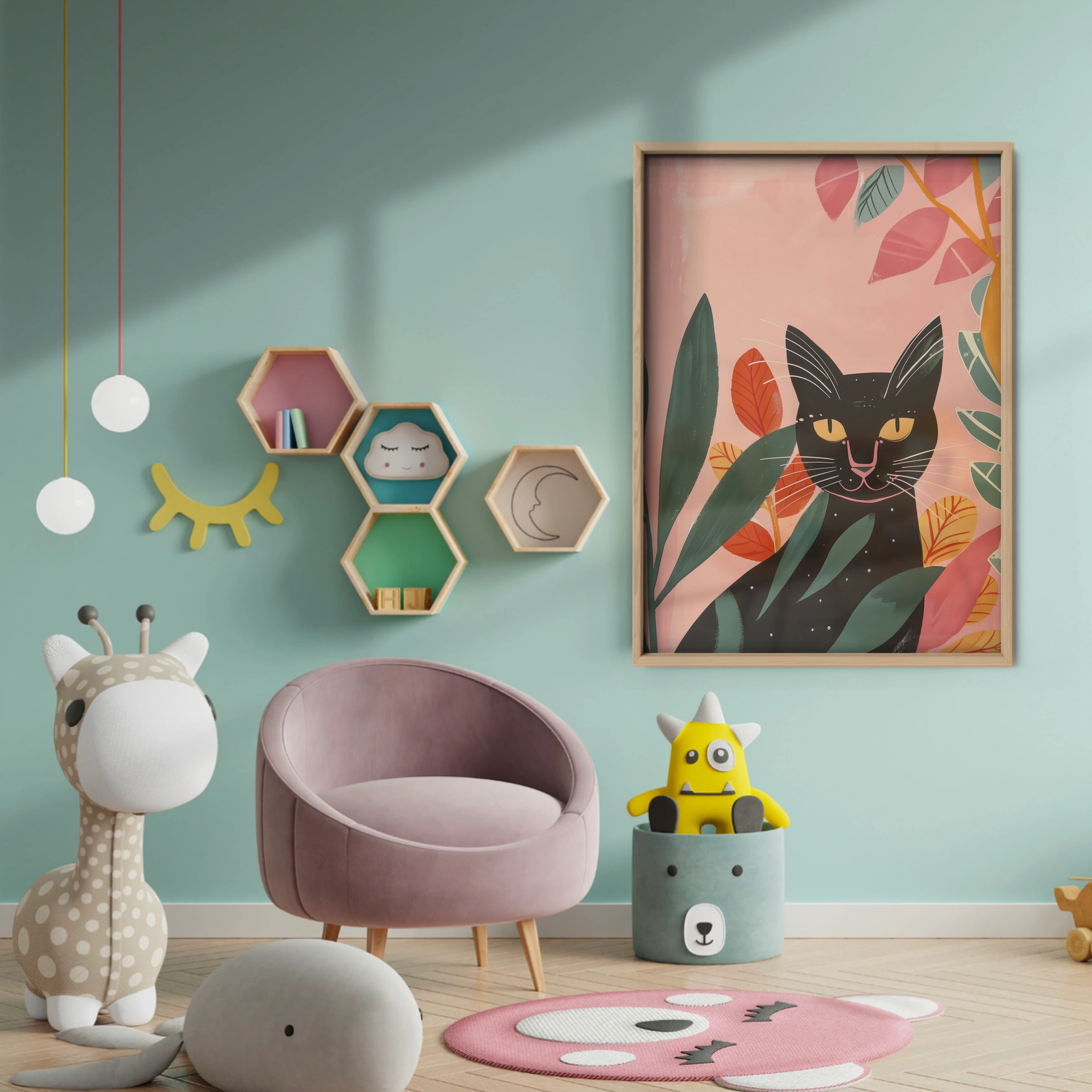 Black Cat in Flowers Nursery Print - baby room wall decor print