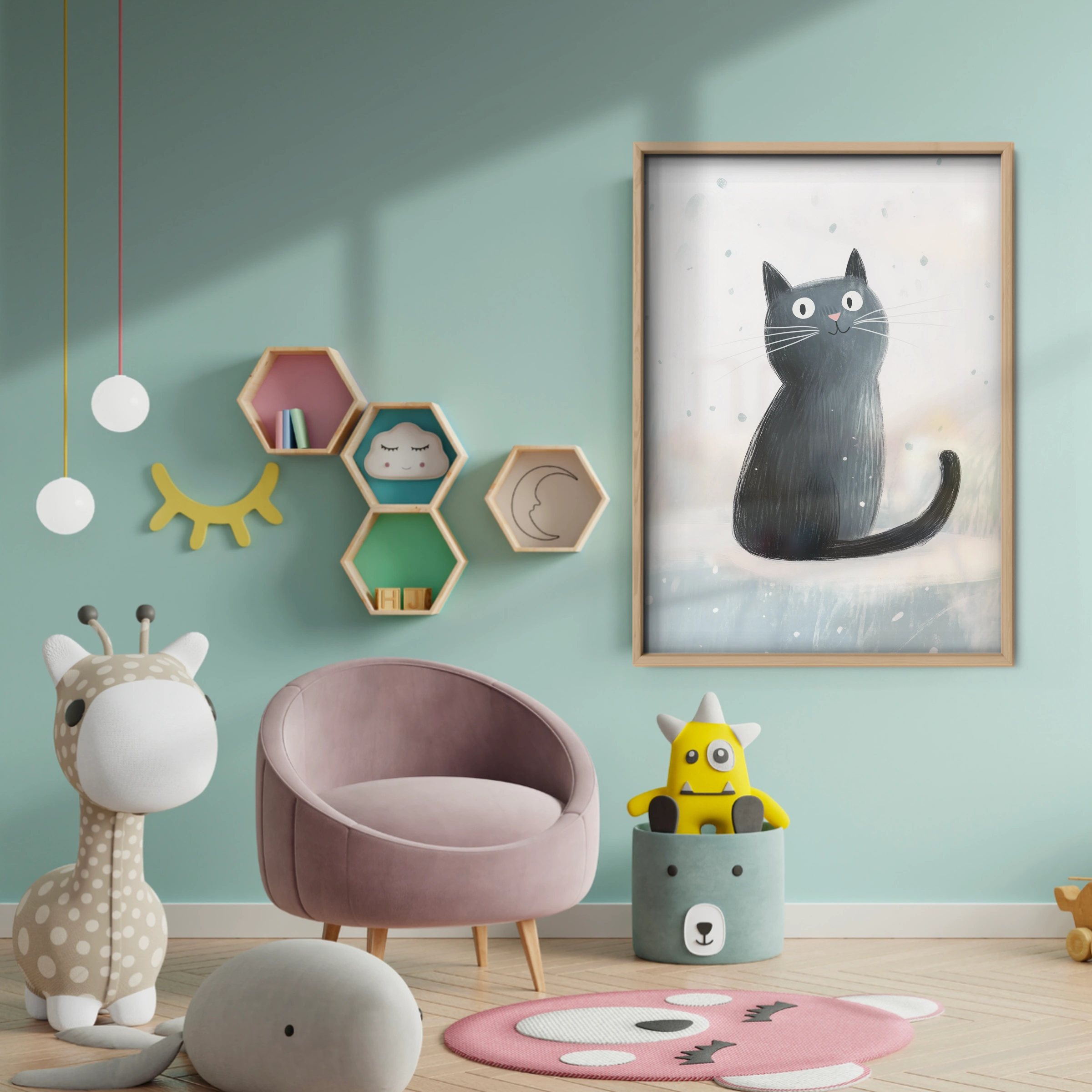 Black Cat in the Snow Christmas Print - baby room wall decor print