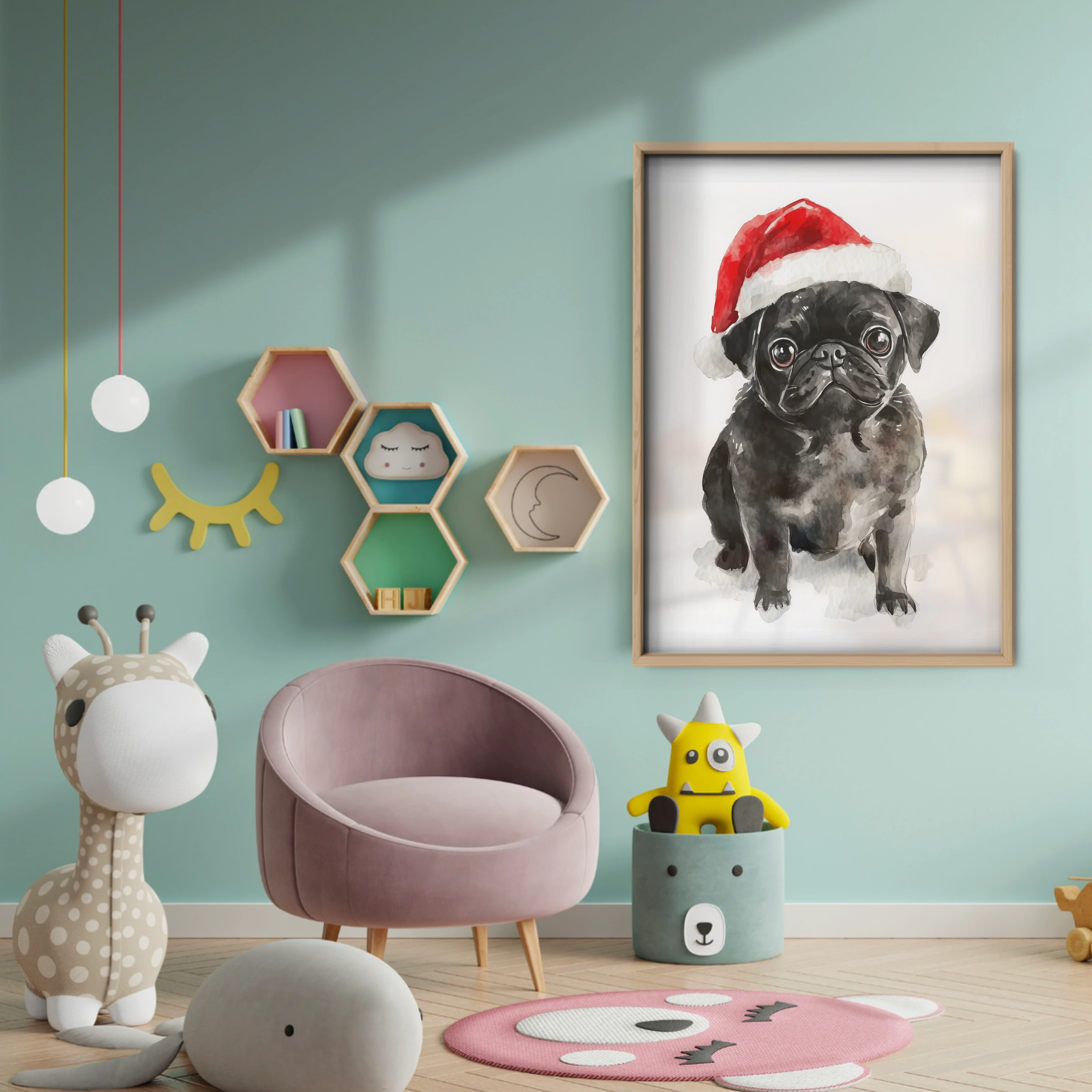 Black Pug in a Santa Hat Christmas Print - baby room wall decor print