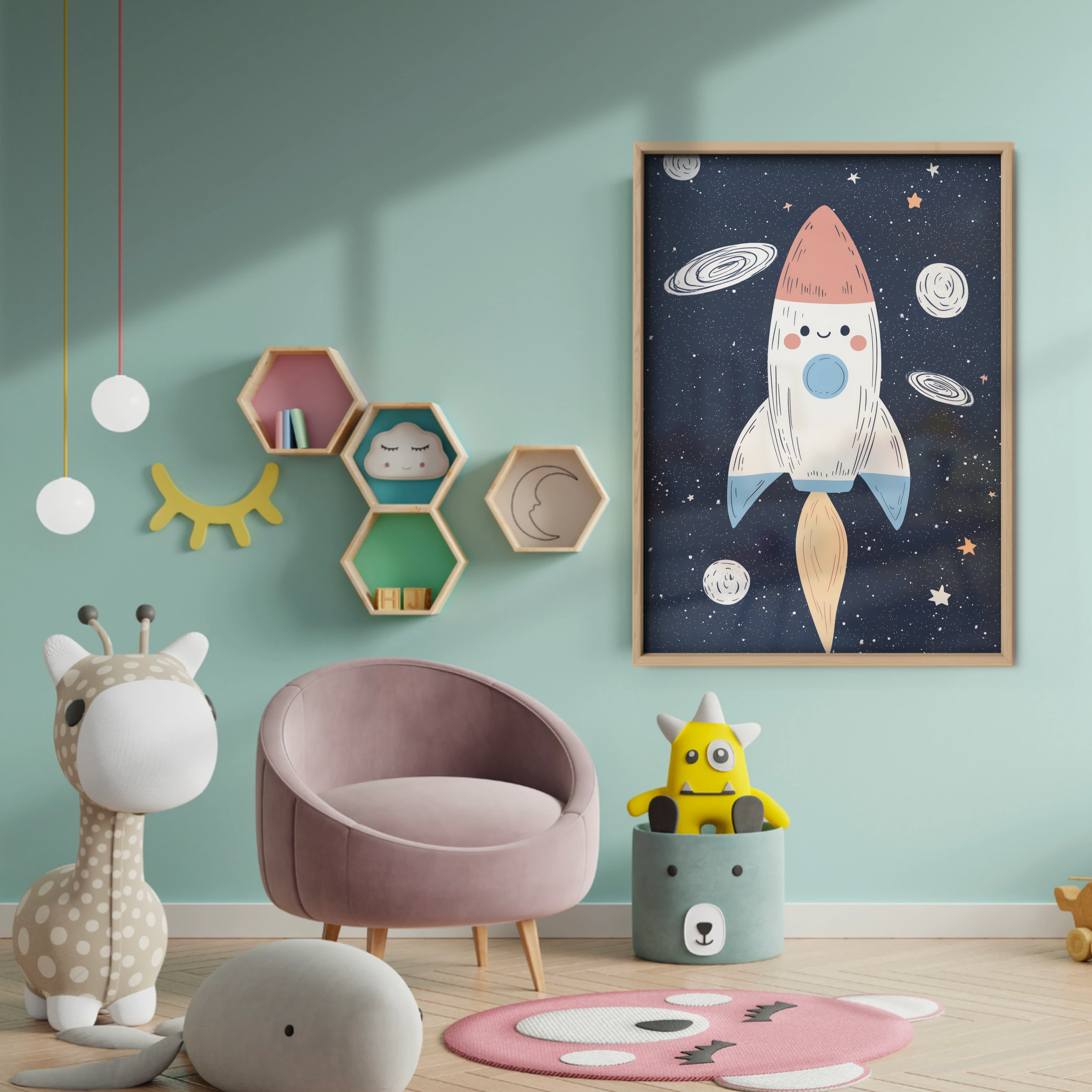 Blast Off Rocket Nursery Print - baby room wall decor print