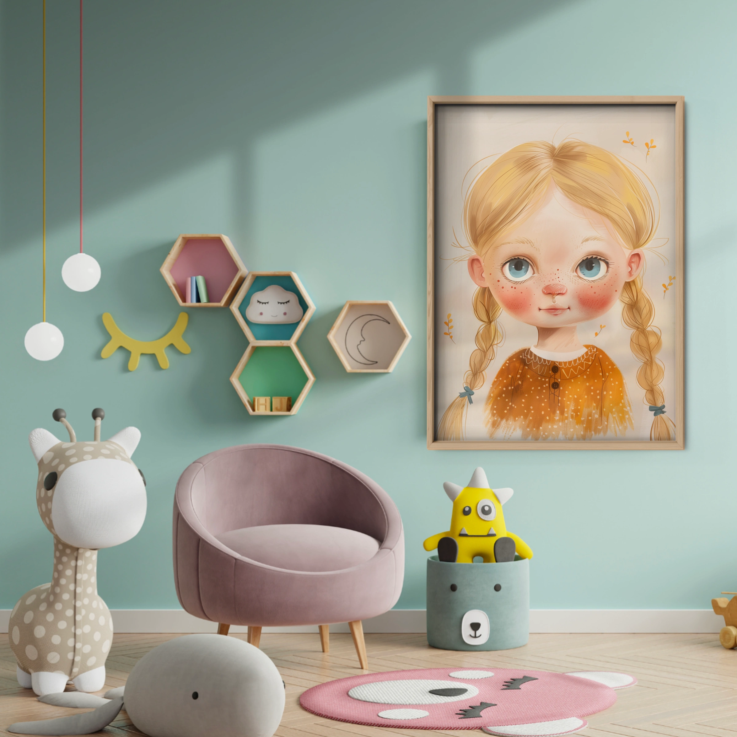 Blonde Girl with Braids Nursery Print - baby room wall decor print