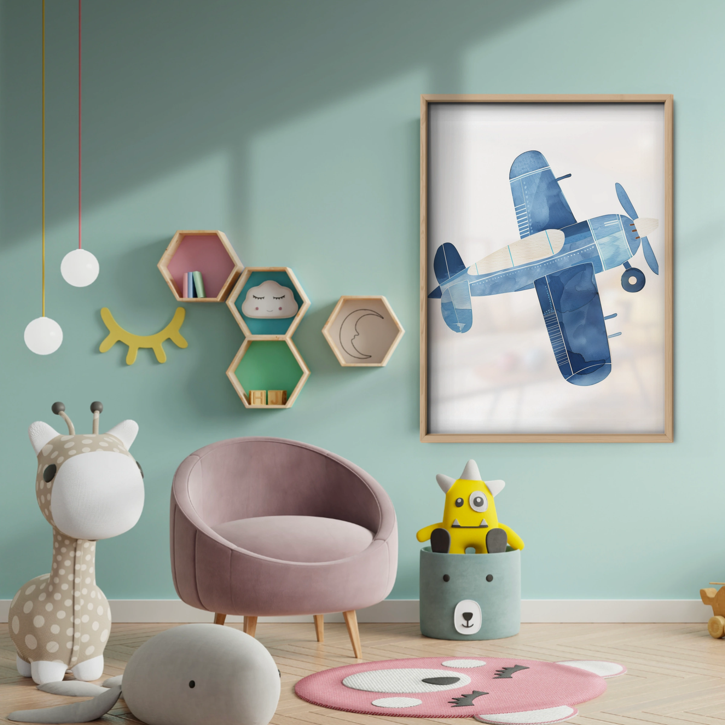 Blue Airplane Nursery Print - baby room wall decor print