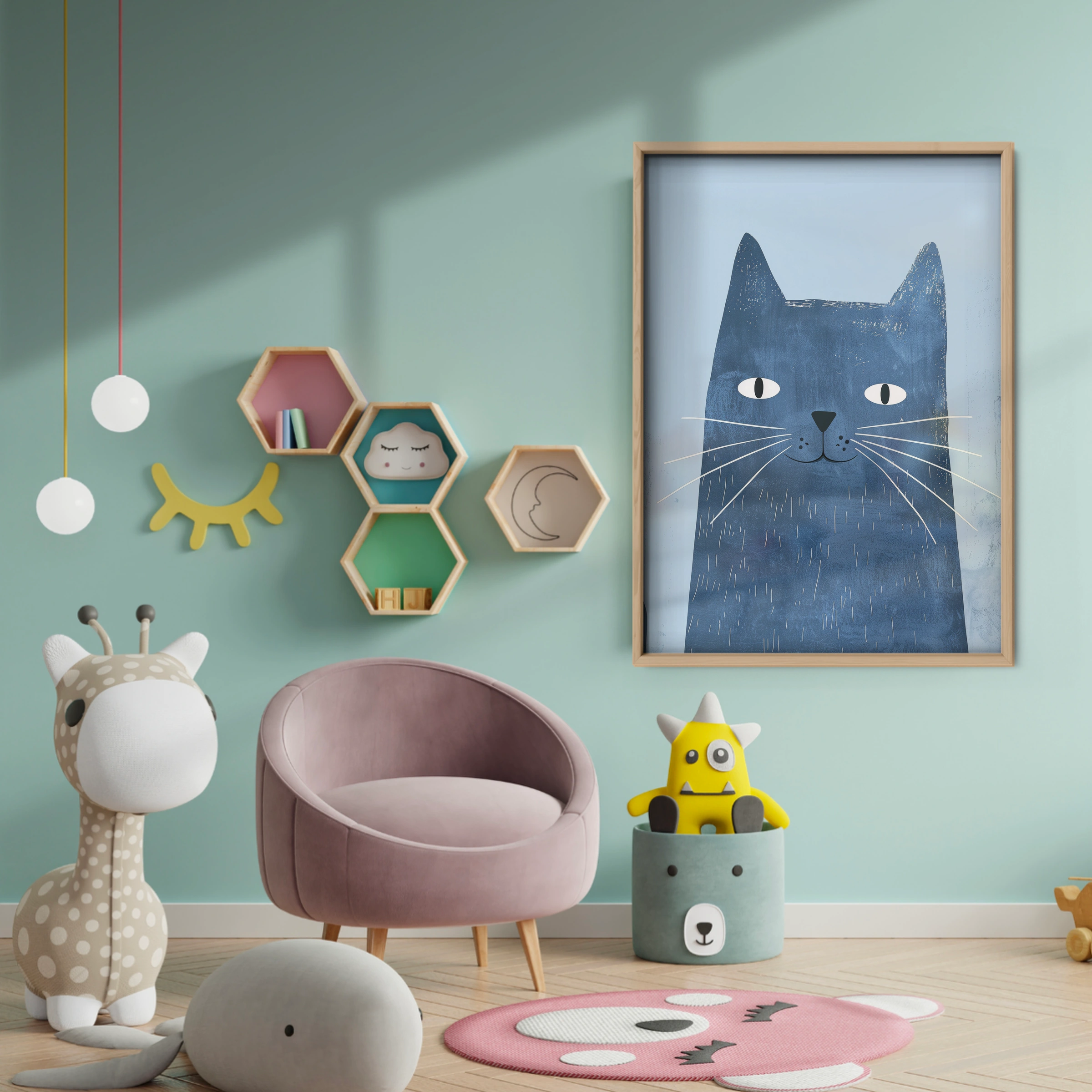 Blue Cat Nursery Print - baby room wall decor print