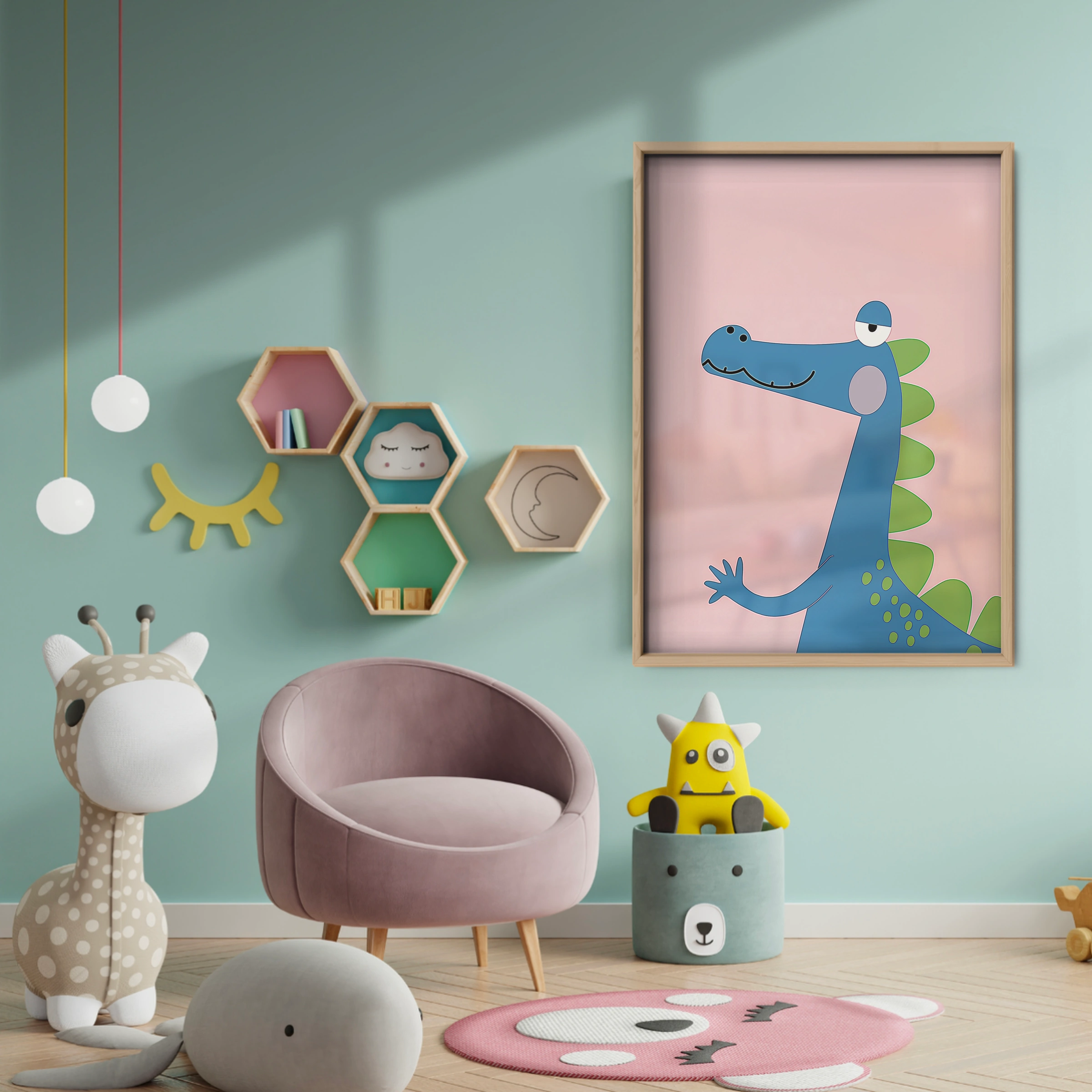 Blue Dinosaur Nursery Print - baby room wall decor print