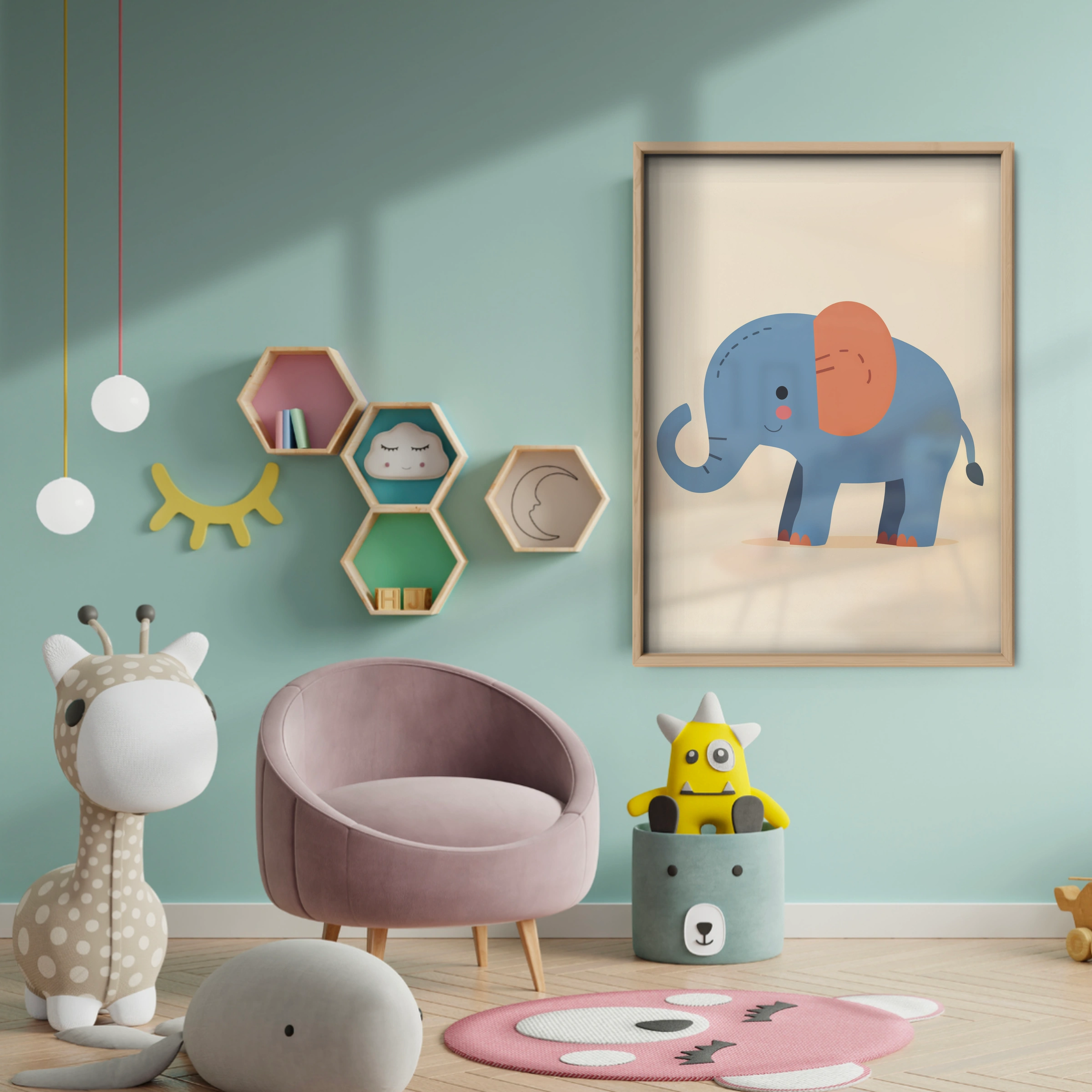 Blue Elephant Nursery Print - baby room wall decor print