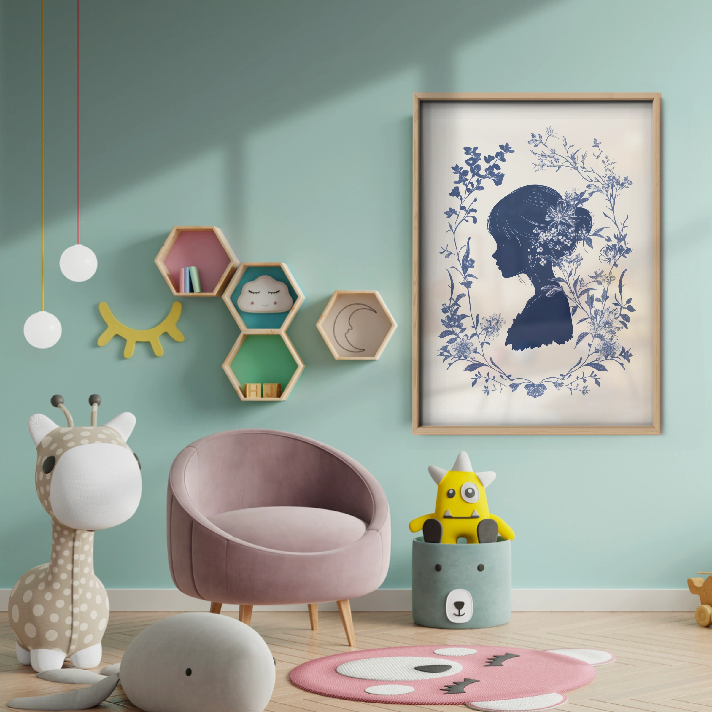 Blue Floral Silhouette Nursery Print - baby room wall decor print
