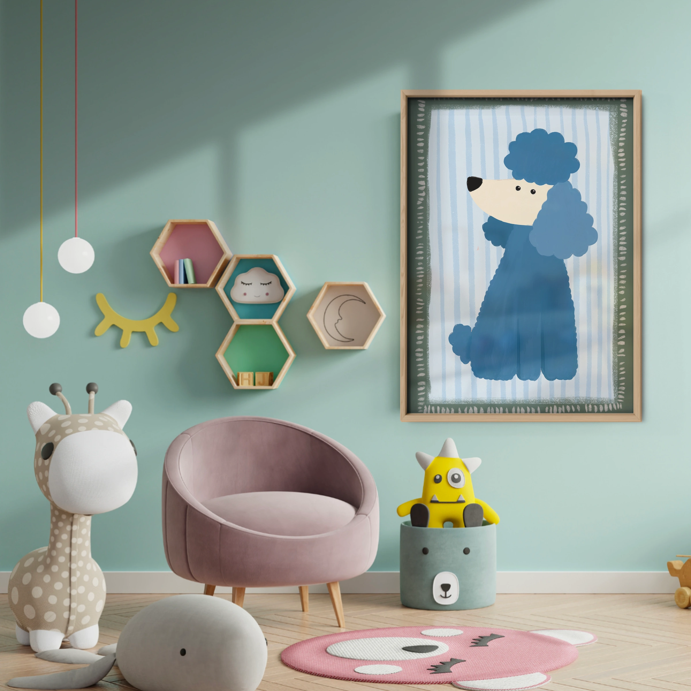 Blue Poodle Nursery Print - baby room wall decor print