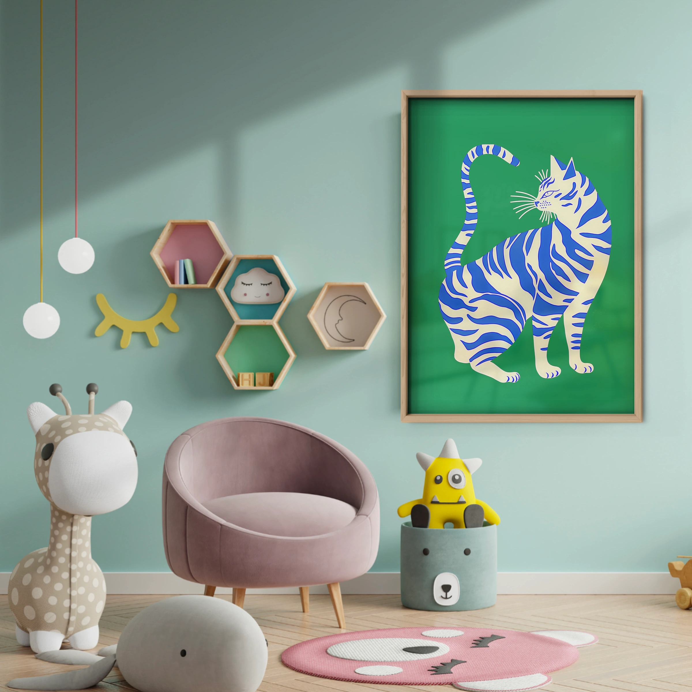 Blue Tiger Cat Nursery Print - baby room wall decor print