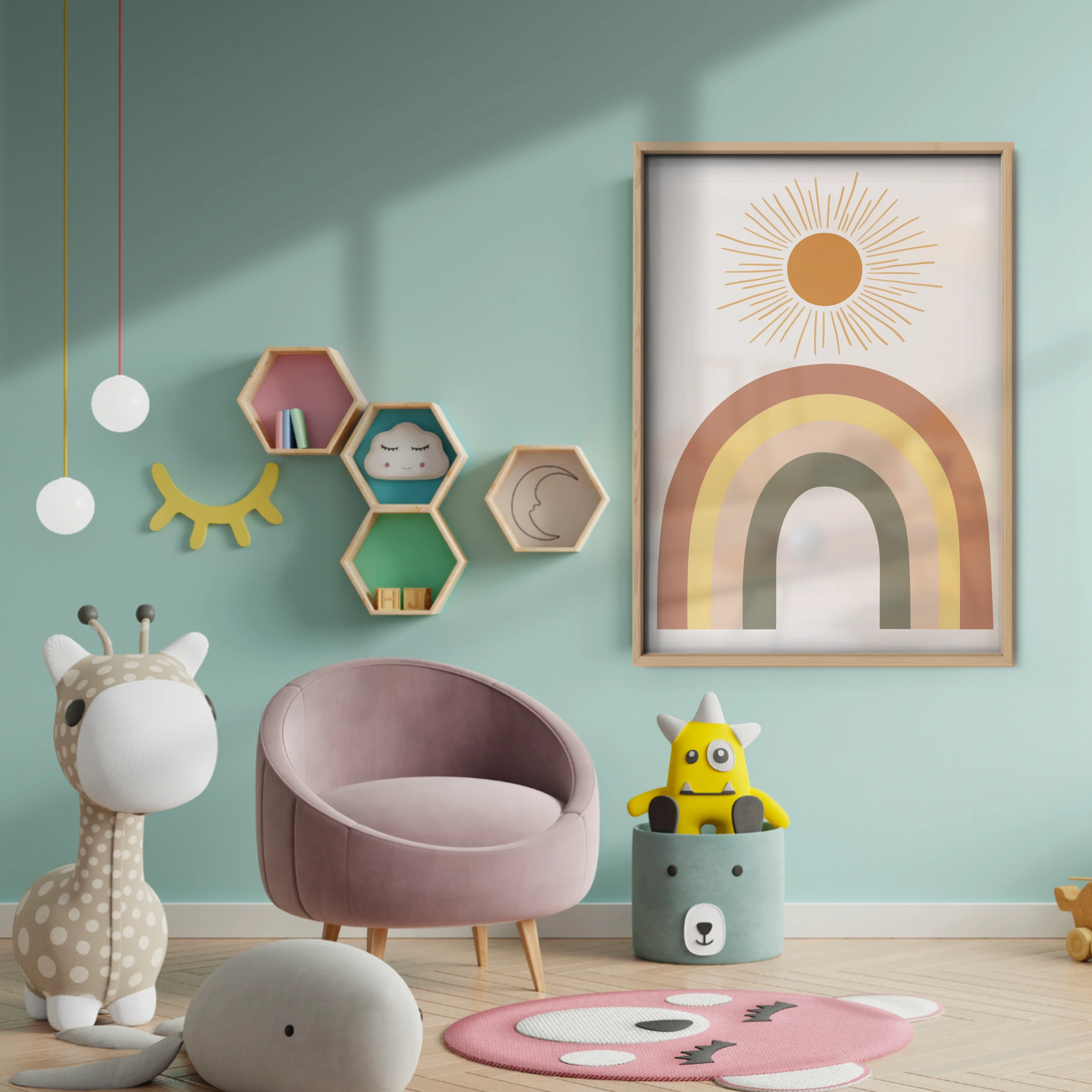 Boho Rainbow Sun Nursery Print - baby room wall decor print